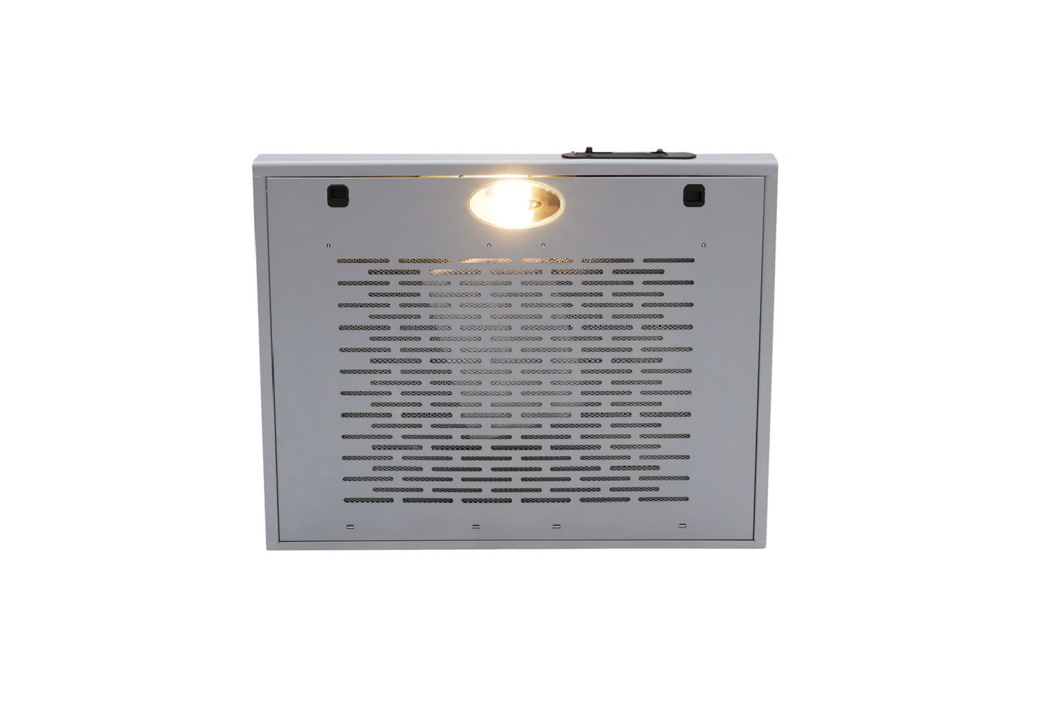 Gray rectangular device with a light bulb and ventilation holes, top view, white background.