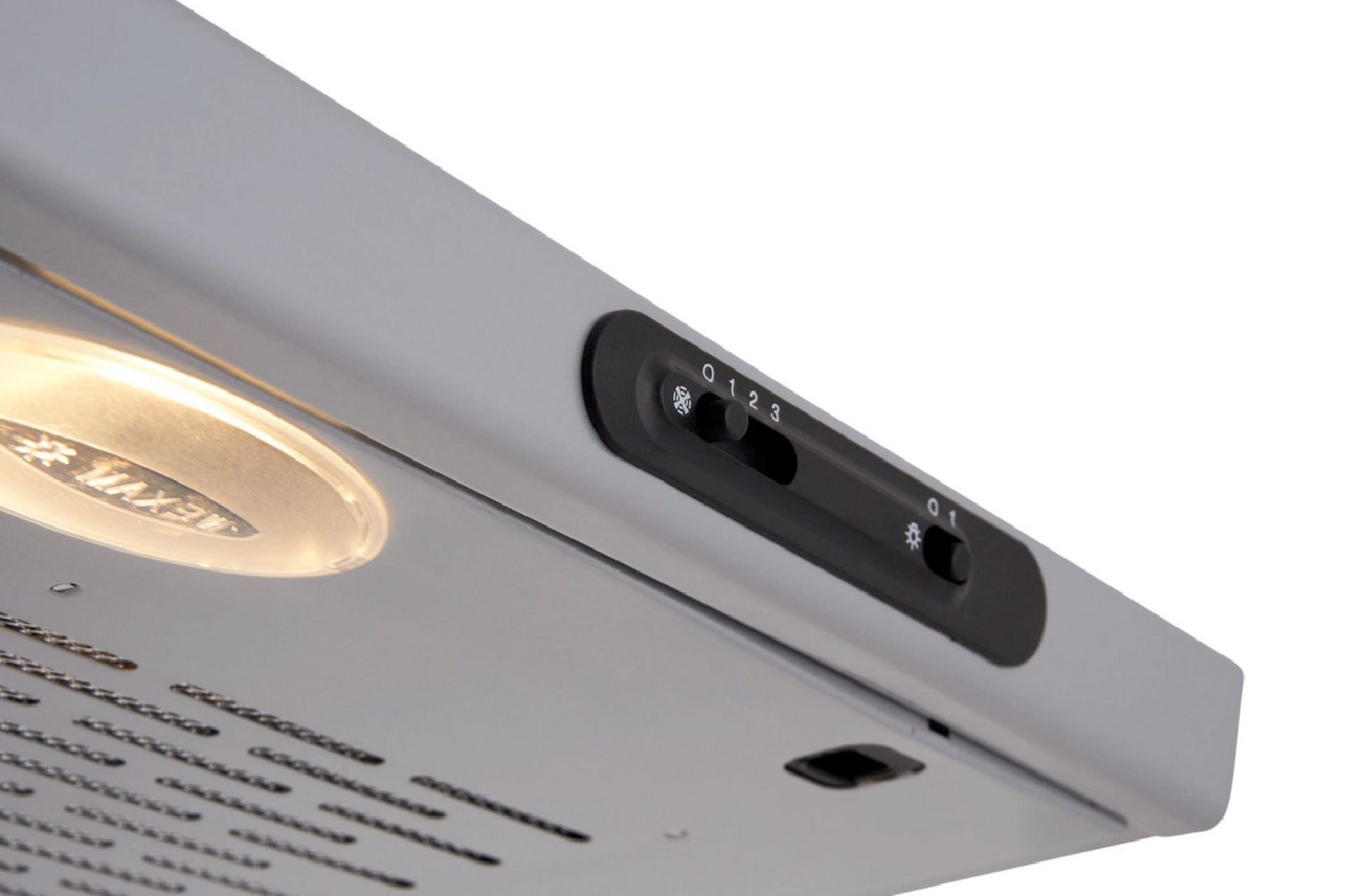 Close-up of a silver range hood with control panel and light.