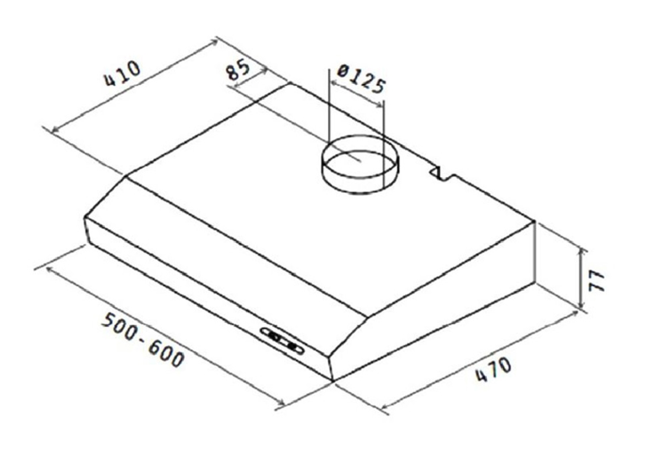 Technical drawing of a rectangular range hood, with dimensions and a vent.