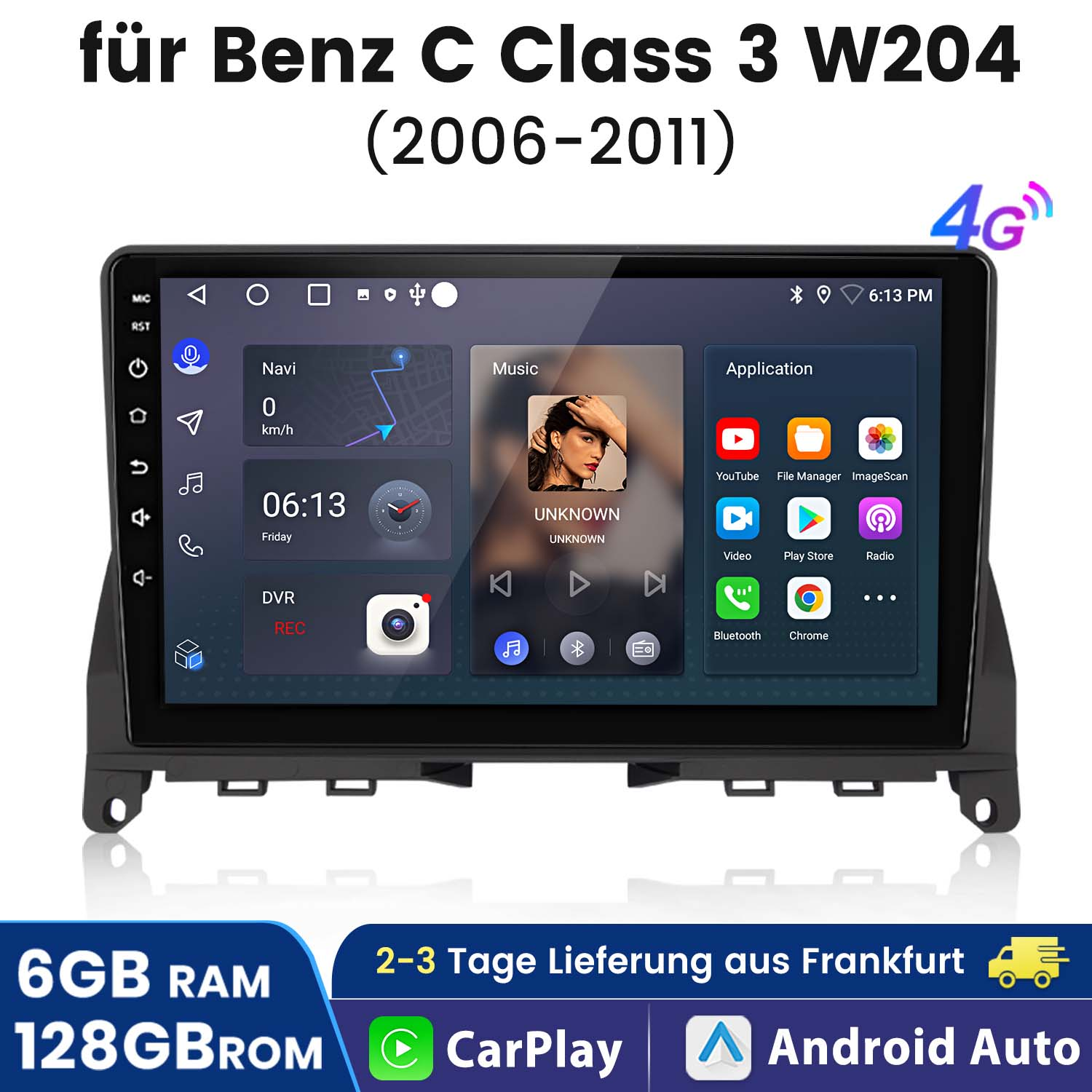 Car-Multimedia-System mit Bildschirm, der Navigation und Musik anzeigt. Enthält 4G-, CarPlay- und Android Auto-Funktionen.