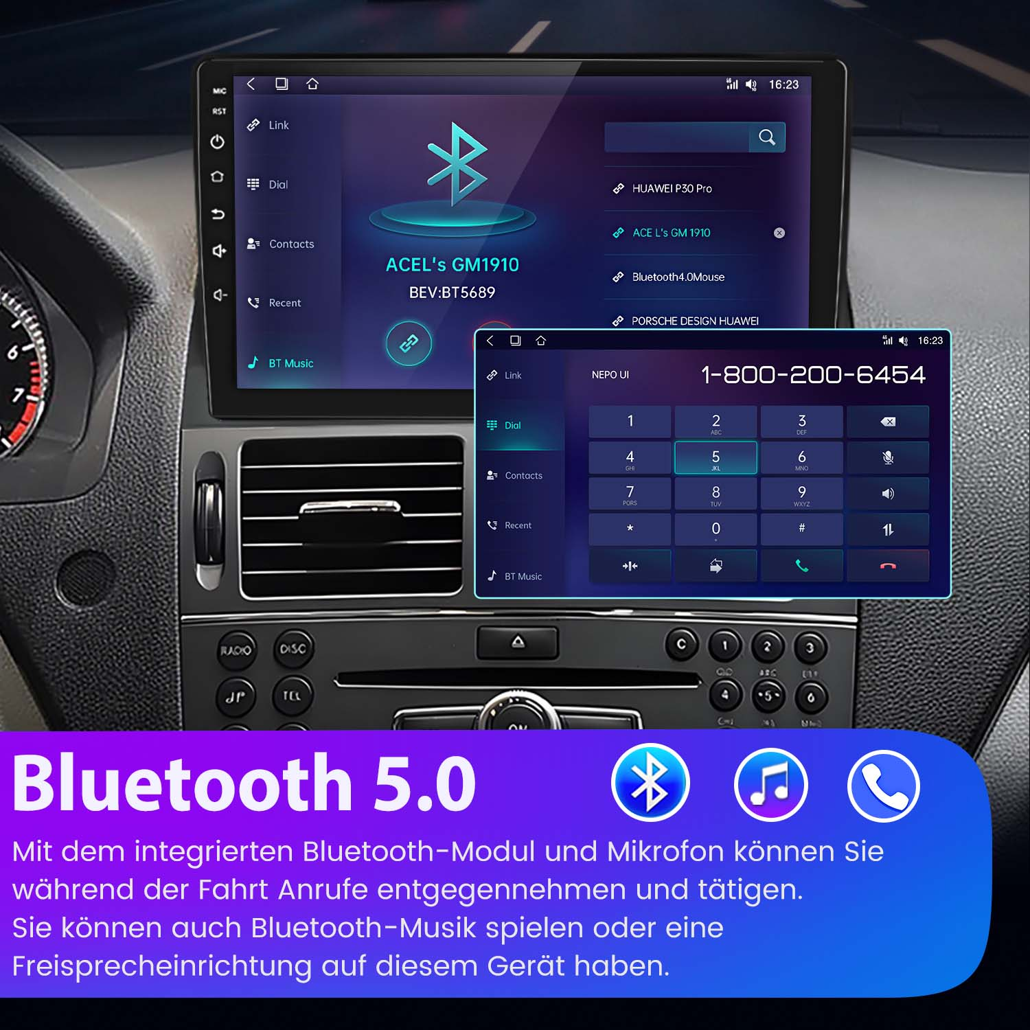 Auto-Dashboard-Bildschirm mit Bluetooth-Funktionen und Telefontastatur zum Wählen.