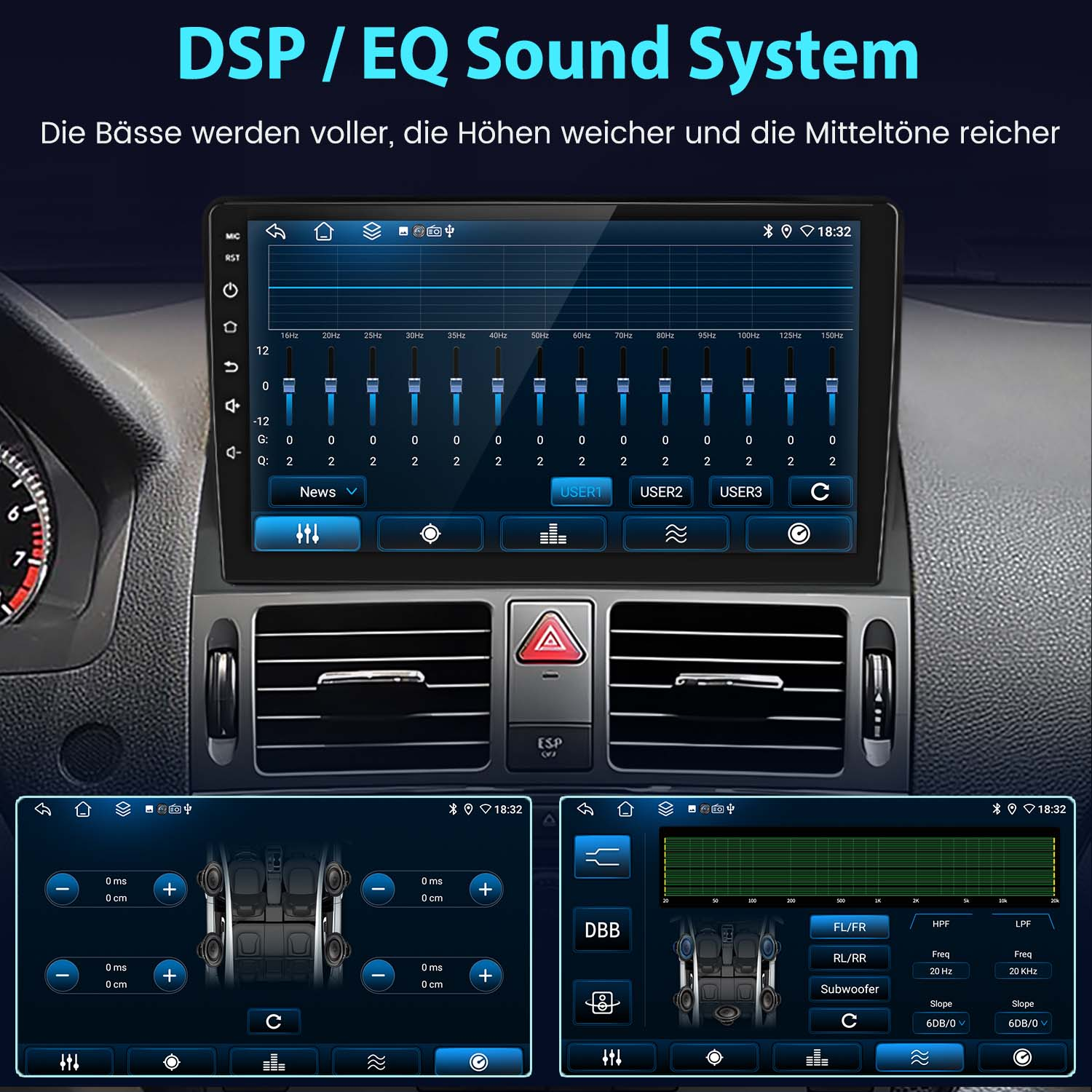 Autoradio mit EQ-Einstellungen auf dem Bildschirm. Drei zusätzliche Bildschirme unten.