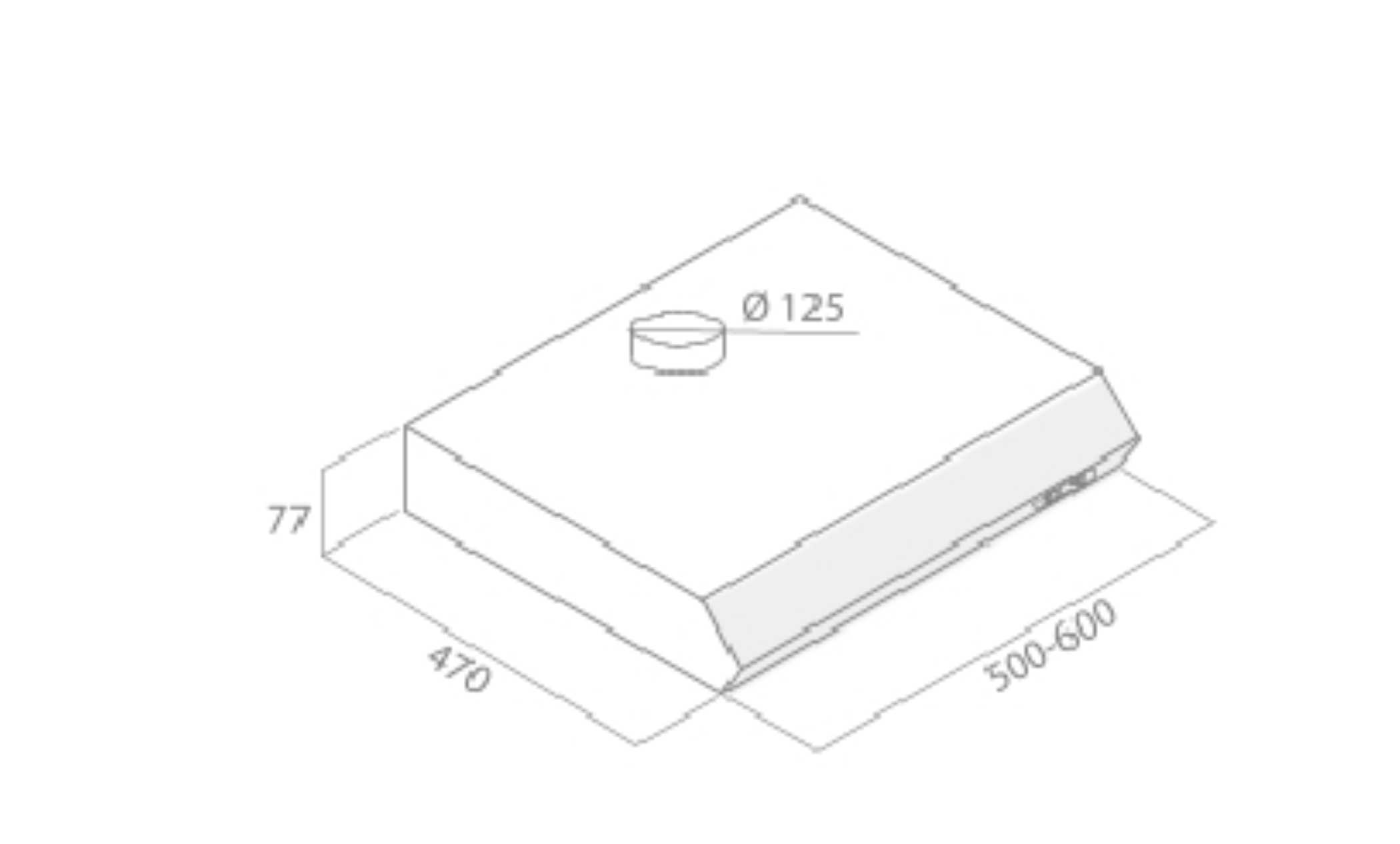 Een illustratie van een afzuigkap met afmetingen. Het is een 3D-tekening.