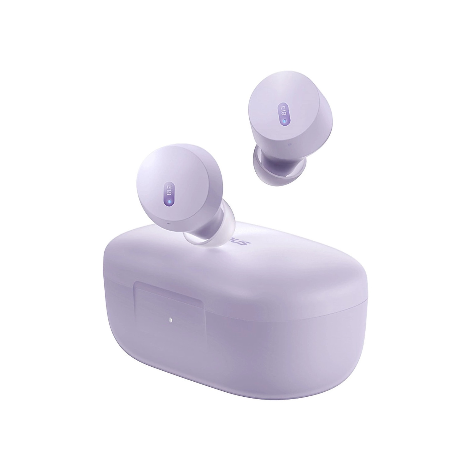 Bezprzewodowe fioletowe słuchawki douszne z fioletowym etui ładującym. Słuchawki unoszą się.