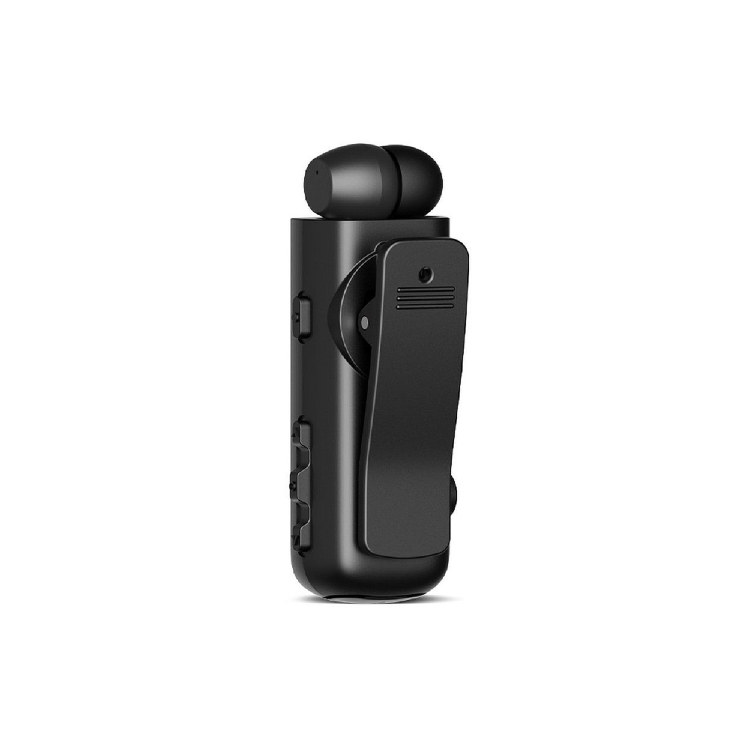 Ricevitore Bluetooth a clip nero con auricolari.