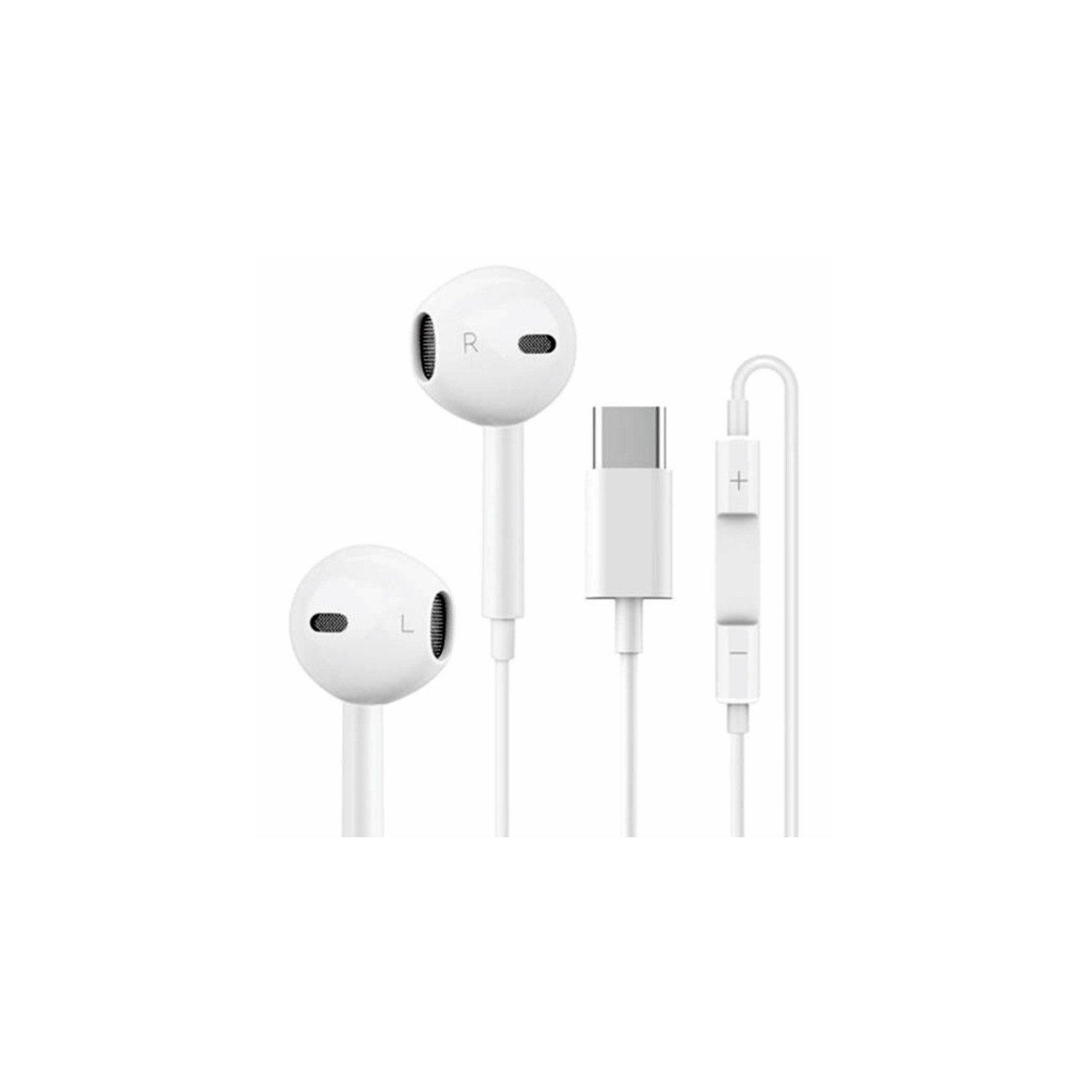 Auricolari bianchi con connettore USB-C e un modulo di controllo. Su sfondo bianco.