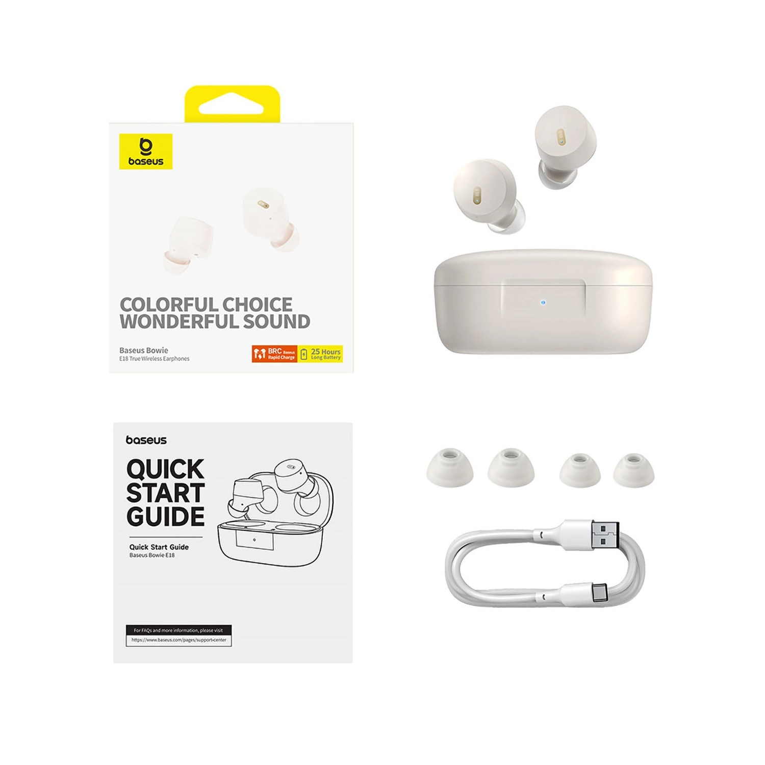 Eine Box mit Ohrhörern, einem Ladecase, einem Ladekabel und einer Kurzanleitung. Weißes Thema.