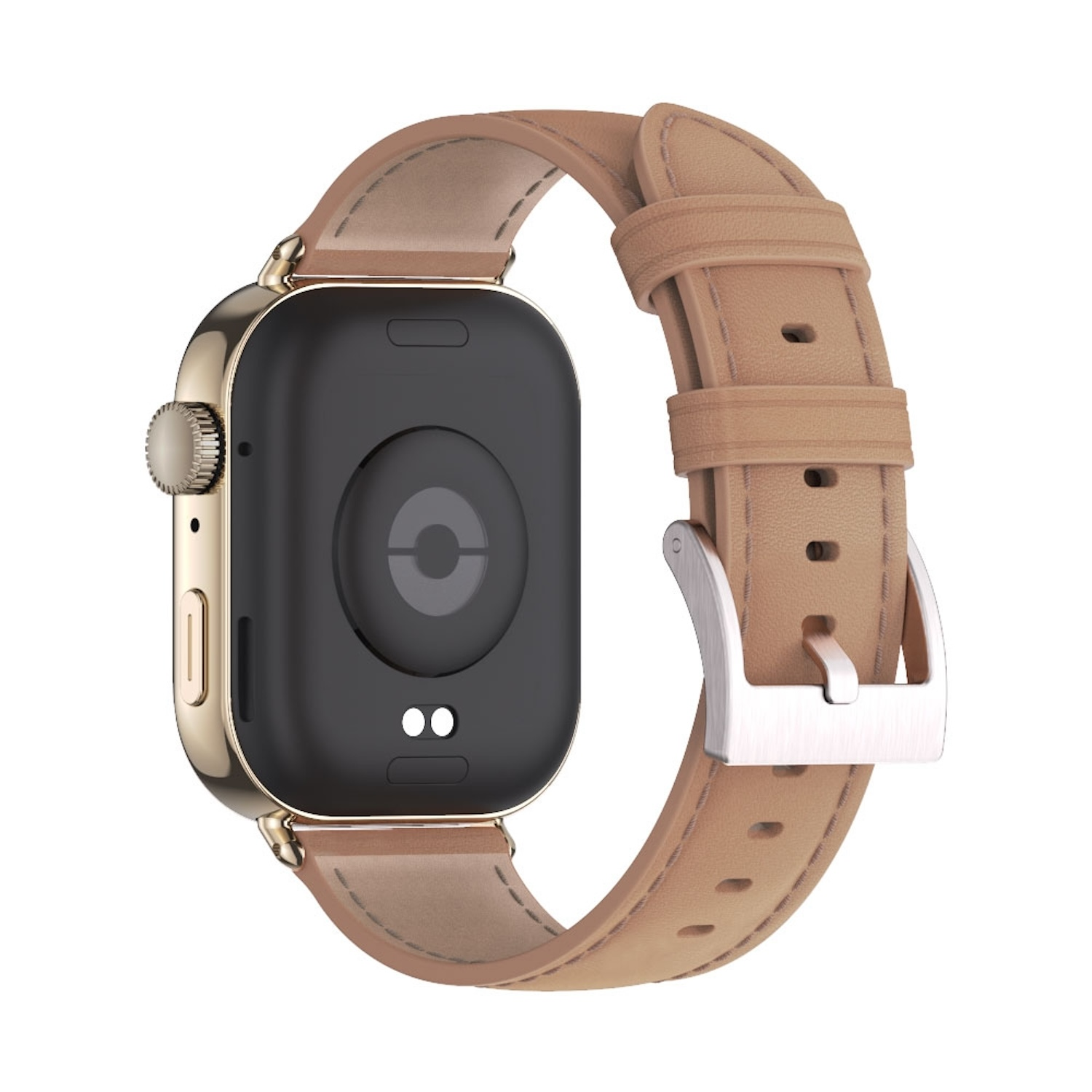 Goldene Smartwatch mit hellbraunem Lederarmband. Rückseite der Uhr sichtbar. Weißer Hintergrund.