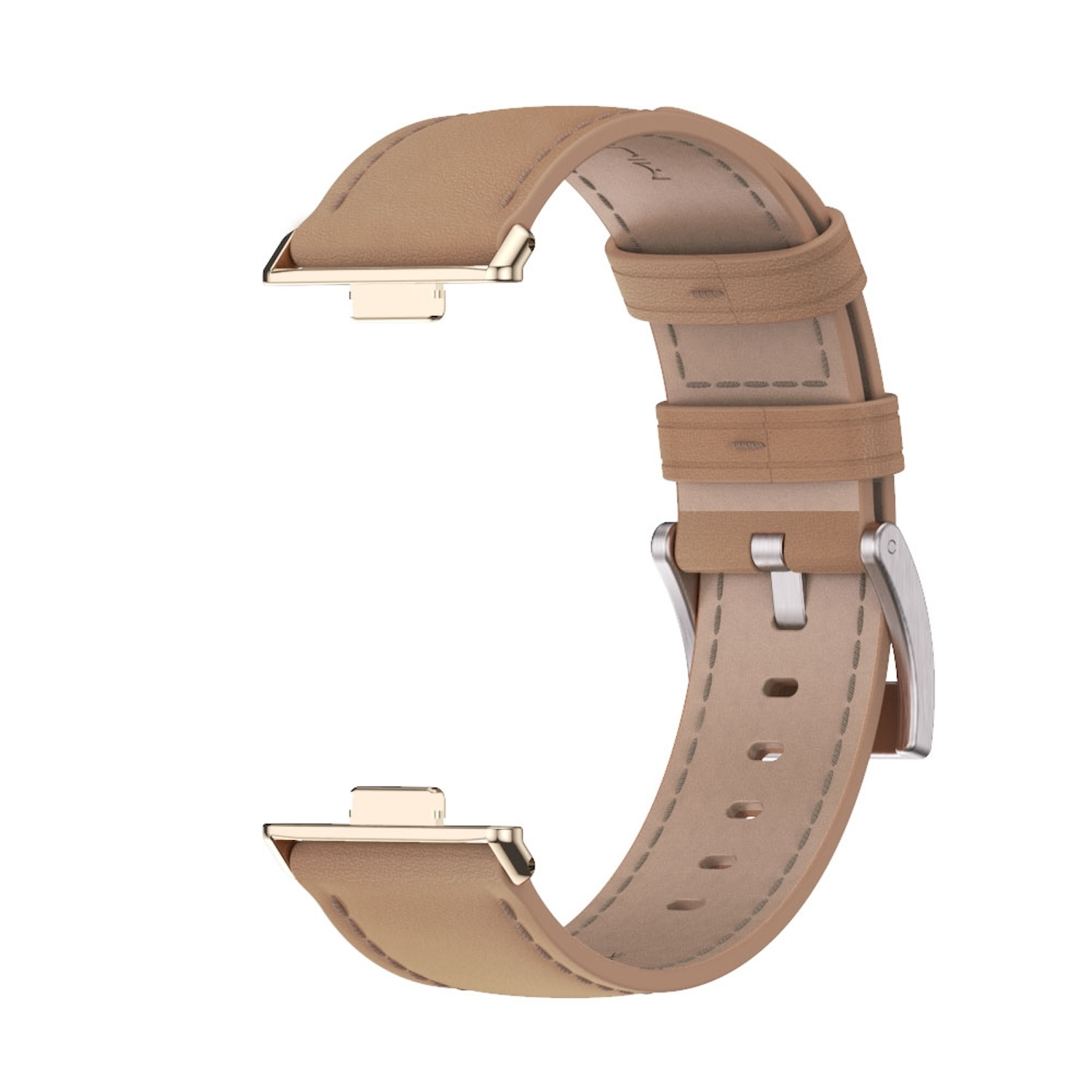 Ein hellbraunes Leder-Armband mit silberner Schnalle und goldfarbenen Stiften.