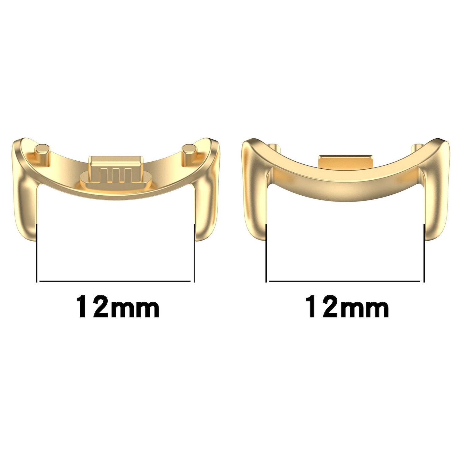 Zwei goldene Uhrenarmbänder, mit jeweils 12 mm Messungen beschriftet. Weißer Hintergrund.