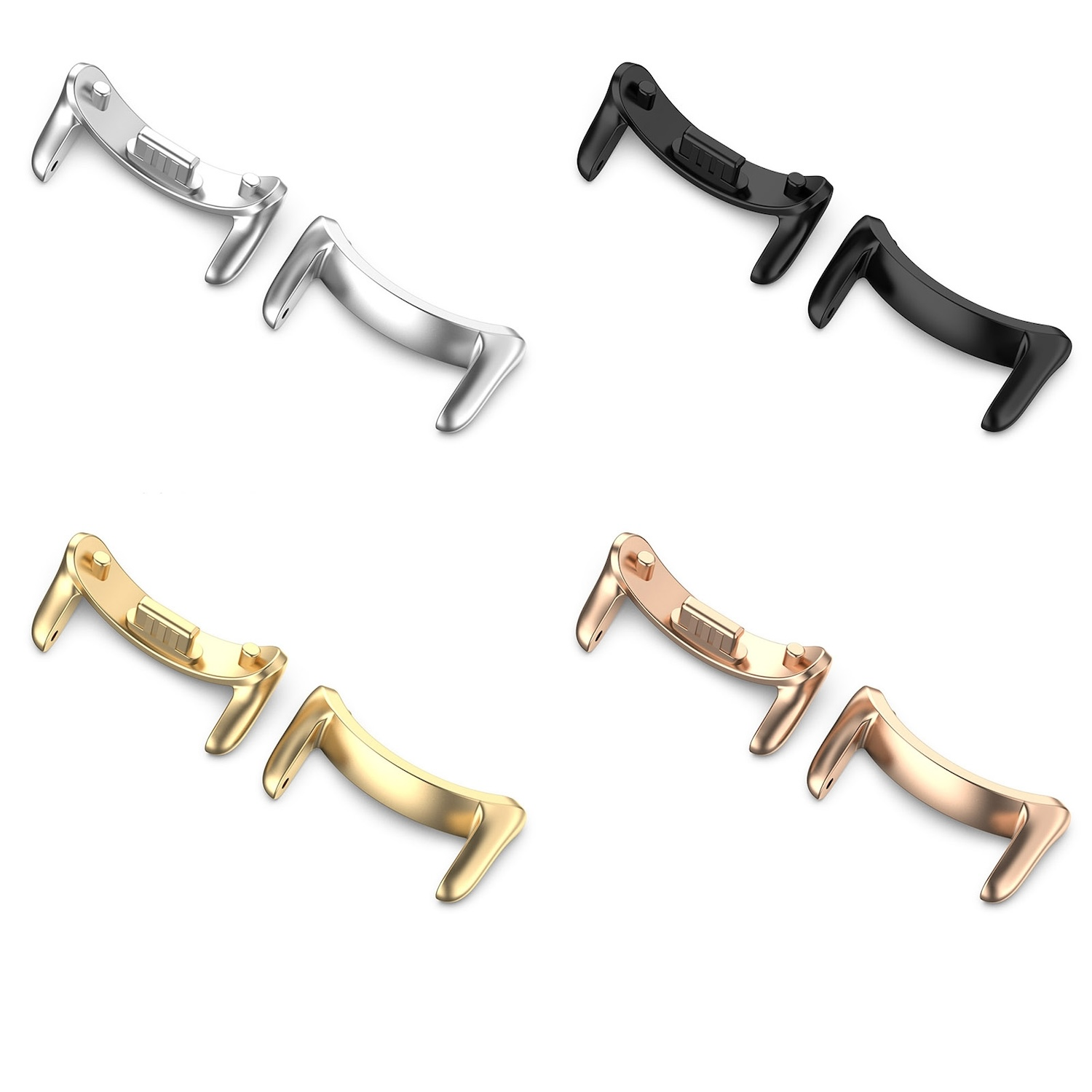 Sechs Uhrenarmbandadapter in Silber, Schwarz, Gold und Roségold. Winkelansicht, weißer Hintergrund.