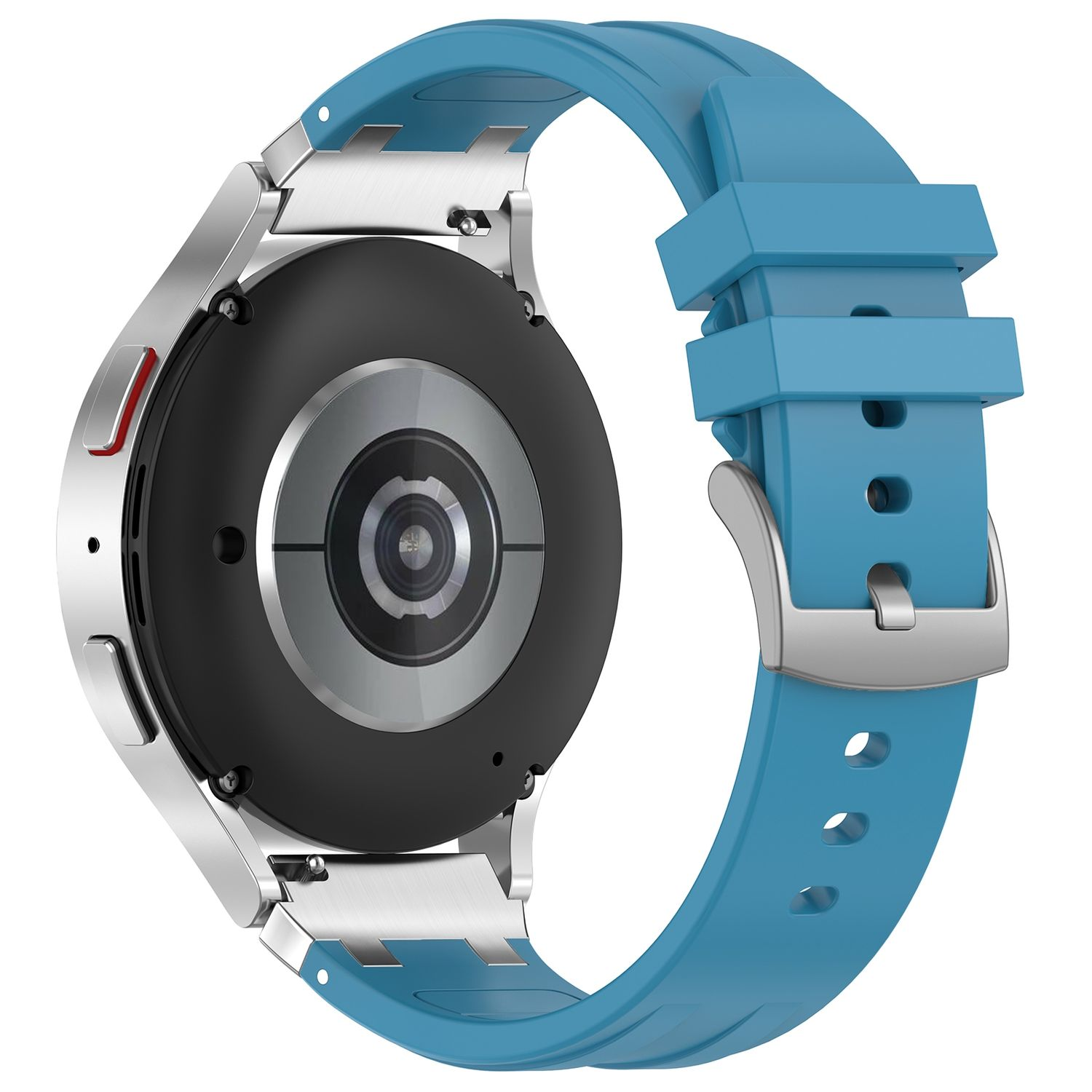 Silberne Smartwatch mit blauem Silikonarmband. Die Rückseite der Uhr ist sichtbar.