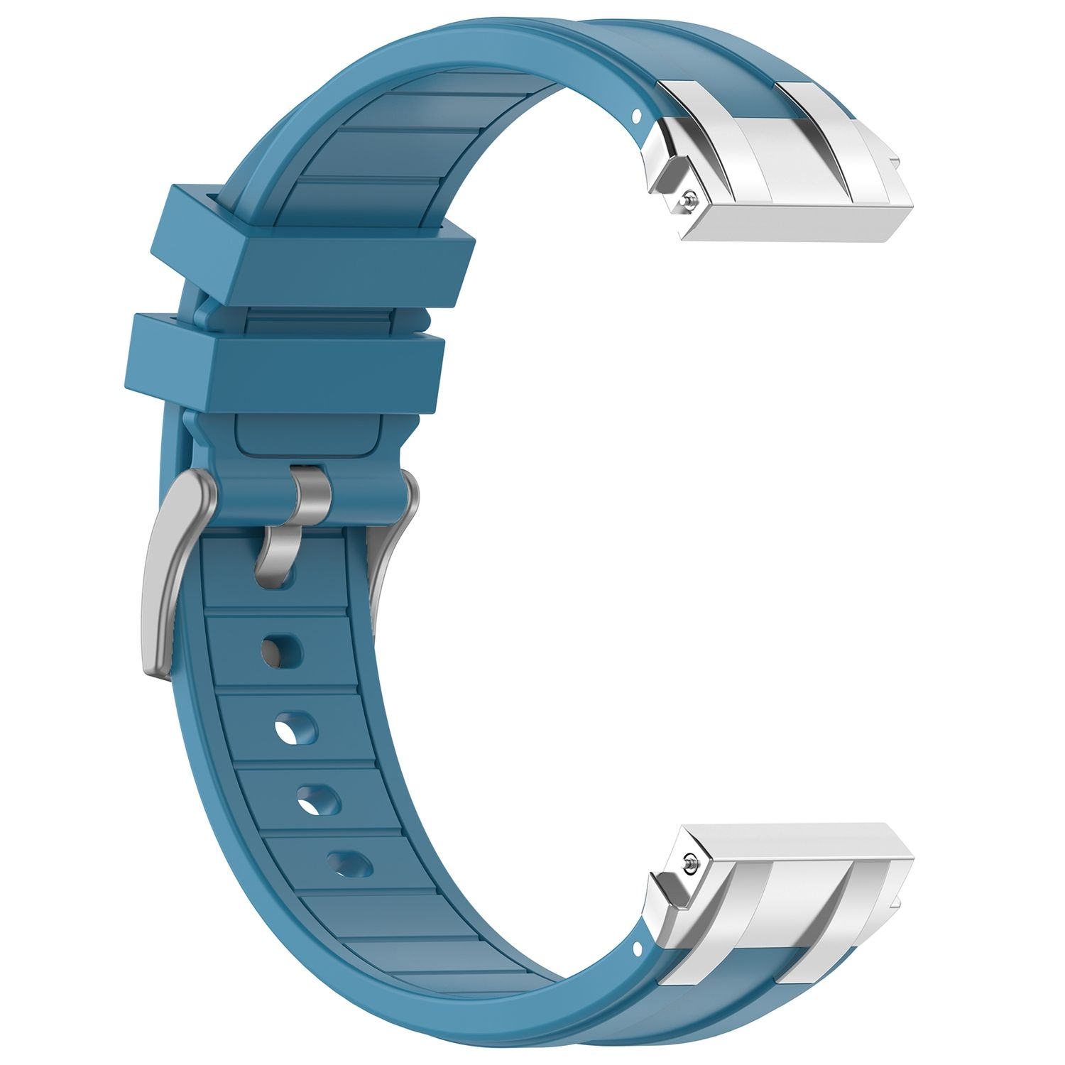 Blaues Uhrenarmband mit silbernen Verschlüssen. Das Band ist gebogen.