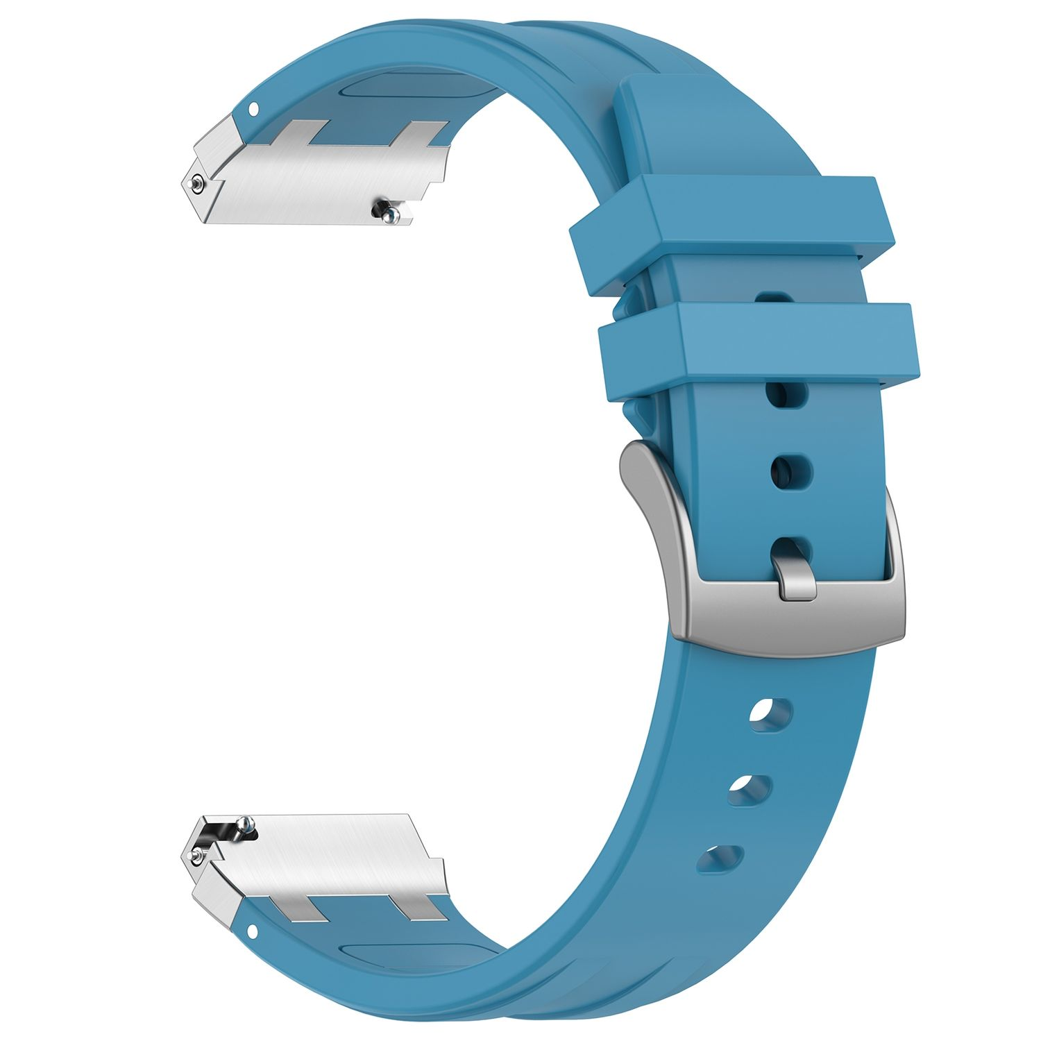 Blaues Uhrenarmband mit silberner Schnalle. Das Band ist gebogen. Es ist wahrscheinlich aus Silikon.