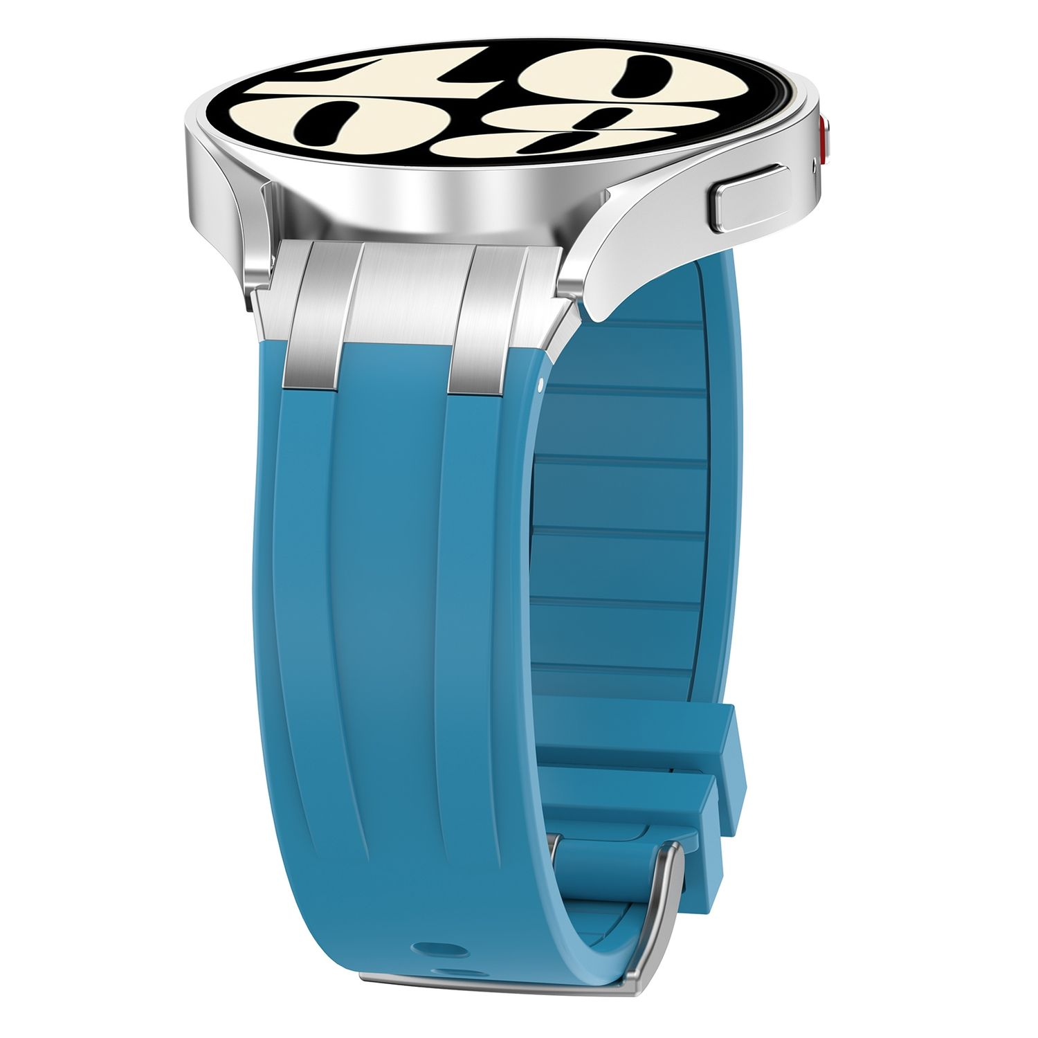 Silberne Smartwatch mit blauem Armband. Seitenansicht. Die Uhr befindet sich auf weißem Hintergrund.