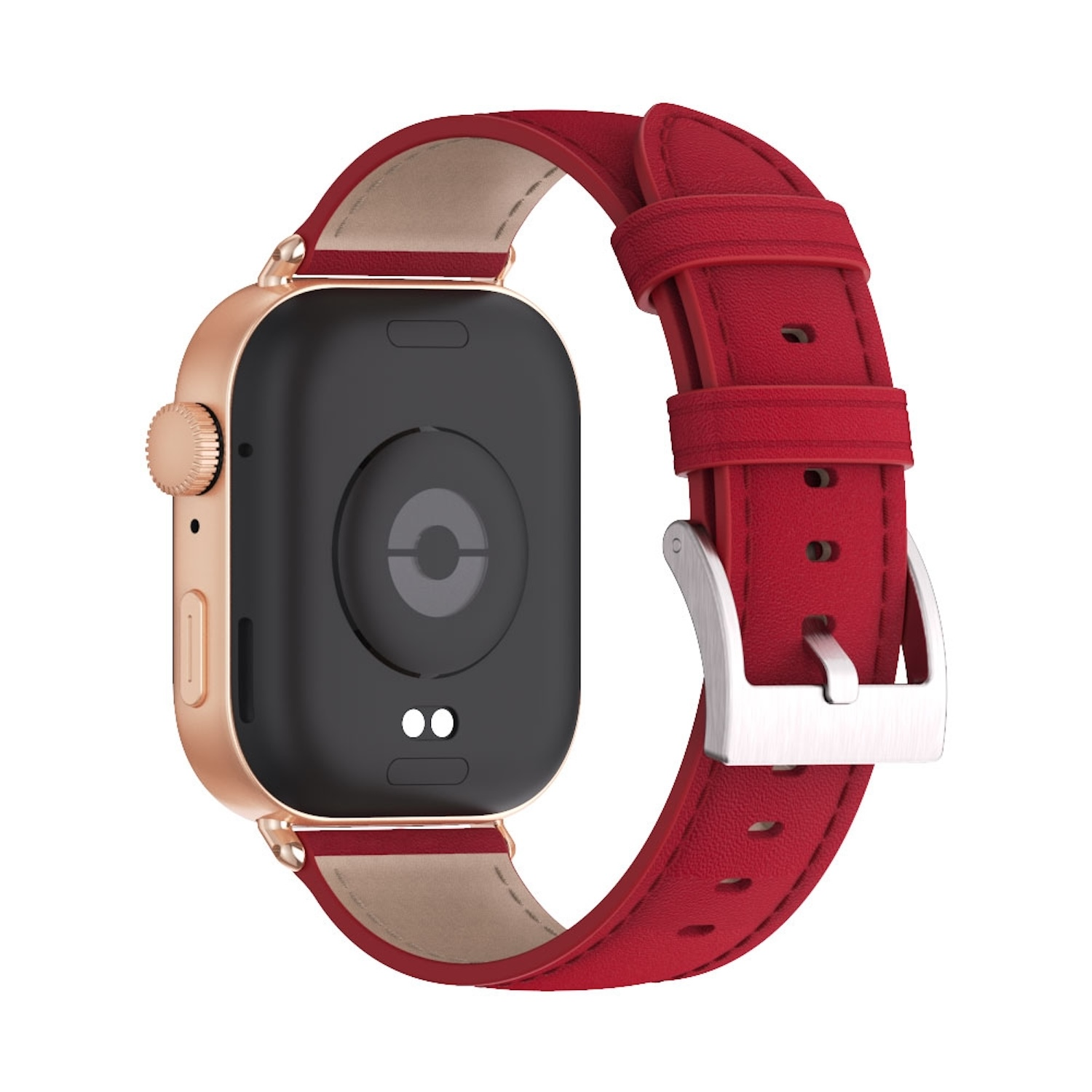 Goldene Smartwatch mit rotem Lederarmband auf weißem Hintergrund. Die Uhr zeigt die Rückseite.
