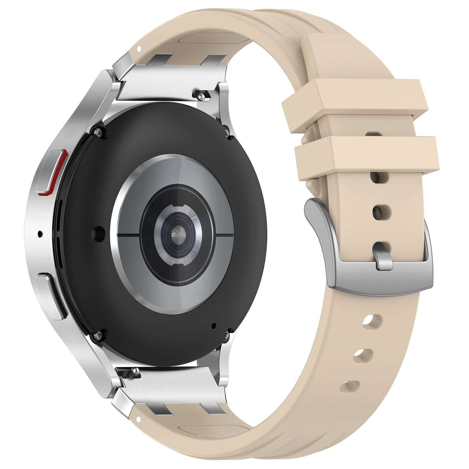 Eine silberne Smartwatch mit beigem Armband. Die Uhr liegt auf dem Rücken und zeigt die Sensoren und die Rückseite der Uhr.