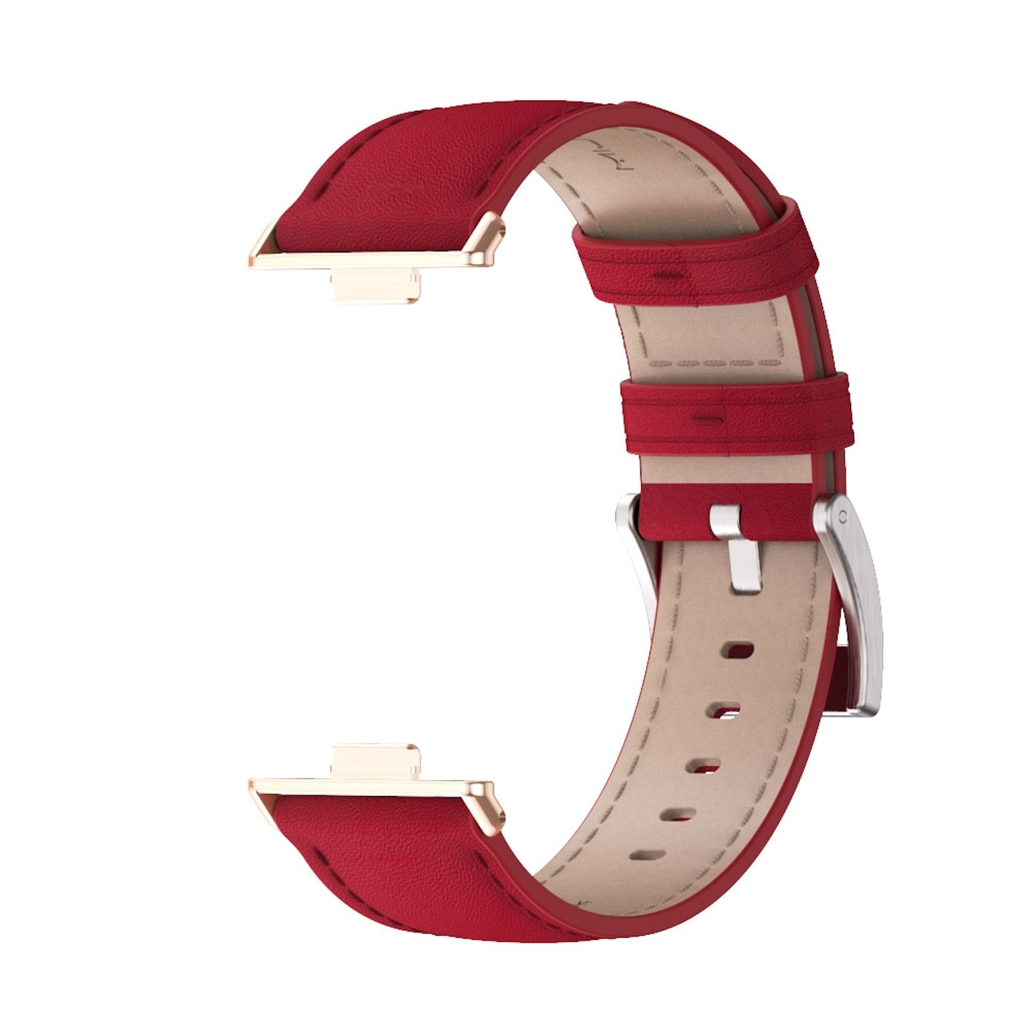 Rotes Uhrenarmband mit silberner Schnalle und goldfarbenen Steckern, vor weißem Hintergrund.