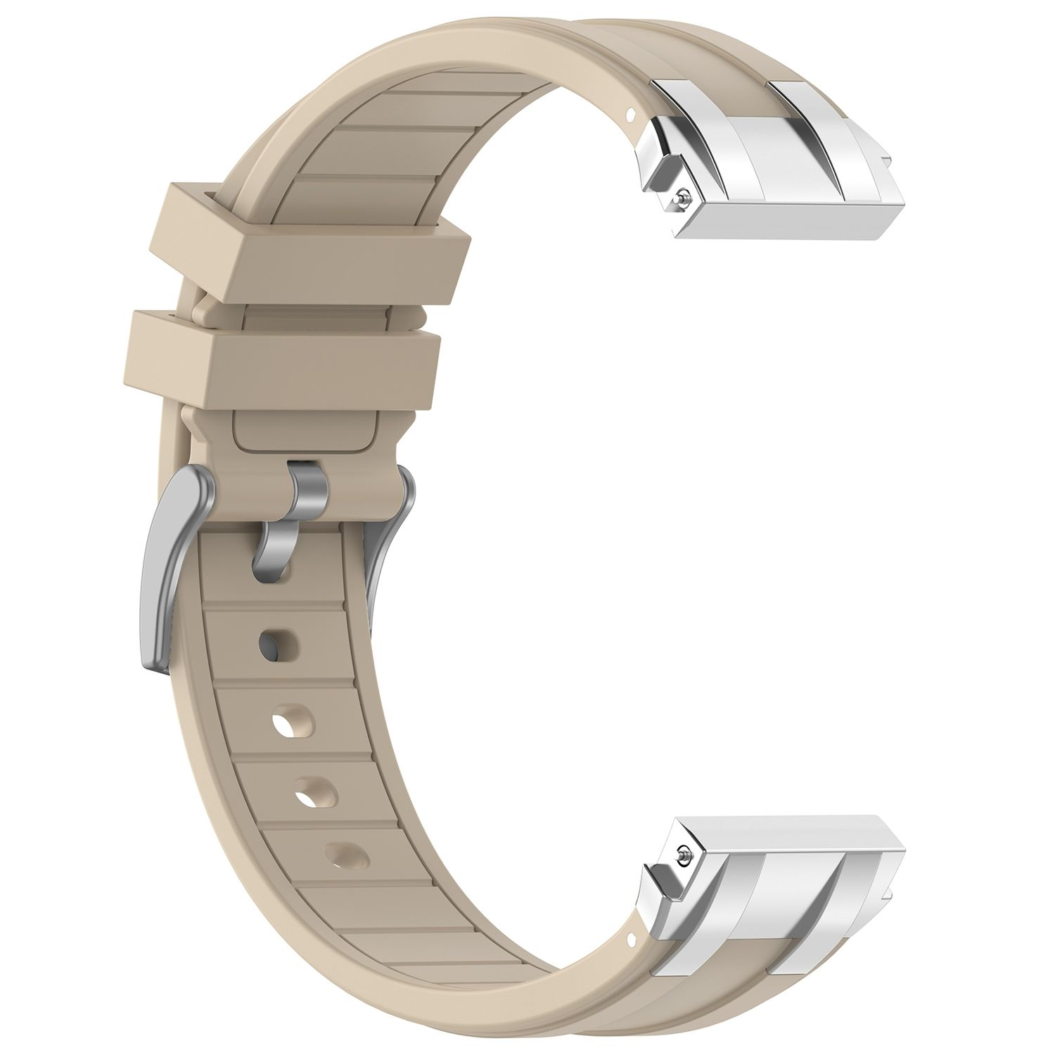 Beigefarbenes Silikon-Uhrenarmband mit Edelstahlverschlüssen, schräge Ansicht, isoliert.