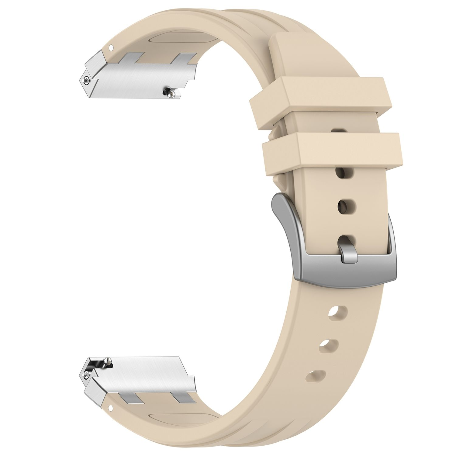 Beiges Uhrenarmband mit silberner Schnalle und ein paar Löchern.