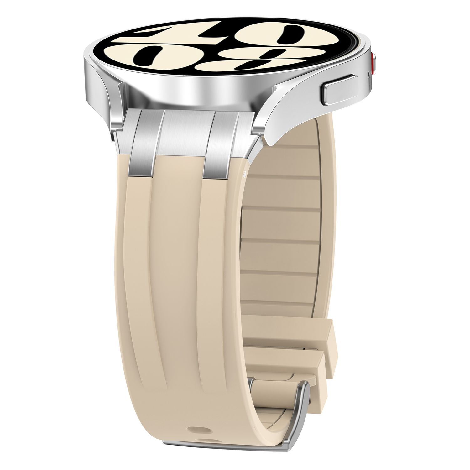 Nahaufnahme einer silbernen Smartwatch mit beigem Armband, schräge Ansicht.