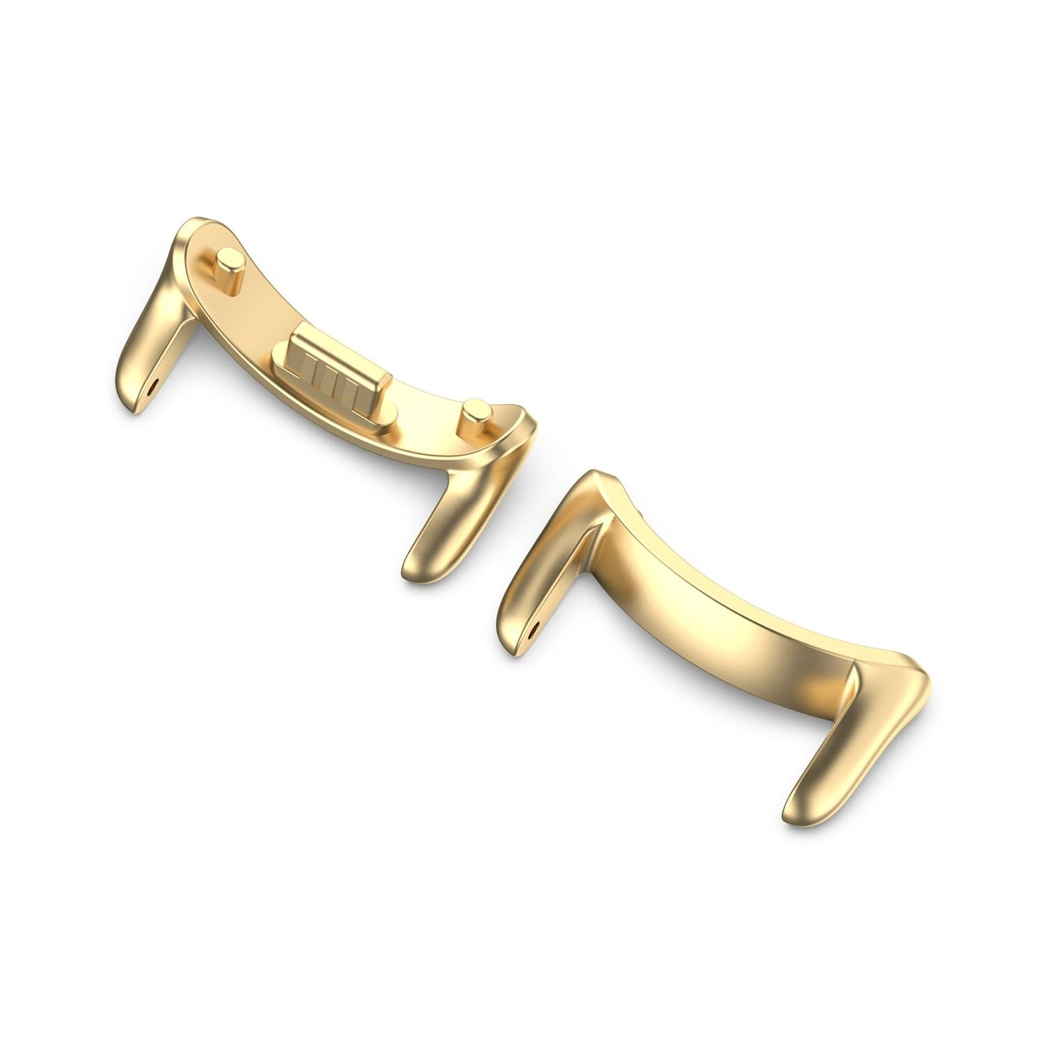 Zwei goldene Uhrenarmbandverbinder. Die Verbinder haben eine gebogene Form und sind auf weißem Hintergrund.