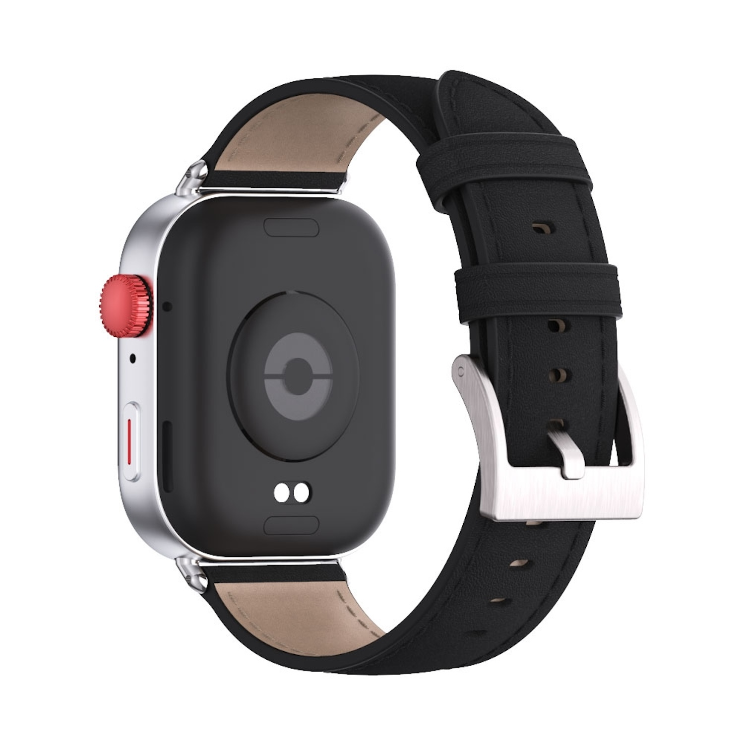 Eine Smartwatch mit schwarzem Lederarmband. Die Uhr hat eine rote Taste. Weißer Hintergrund.