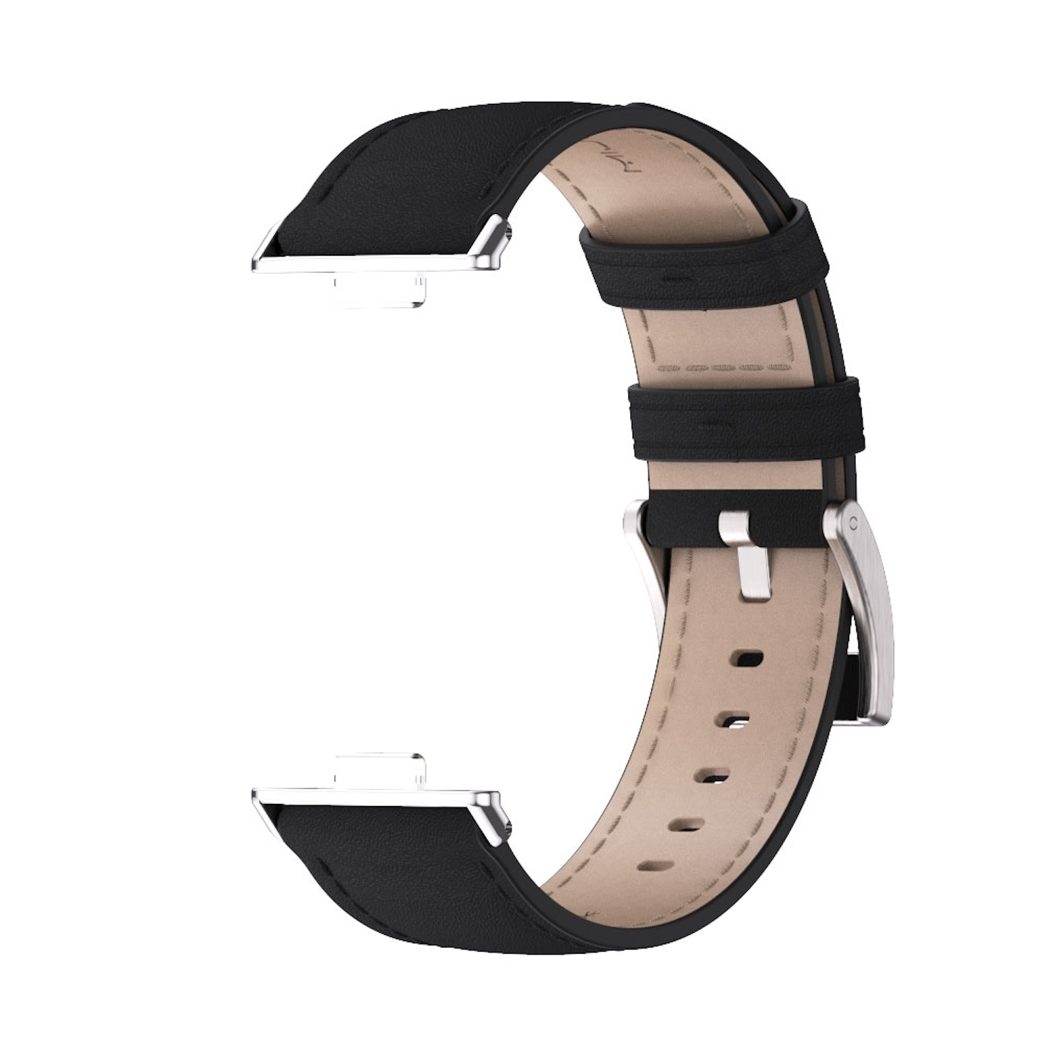 Schwarzes Leder-Armband mit Metallverschlüssen. Es hat eine hellbraune Innenseite. Weißer Hintergrund.