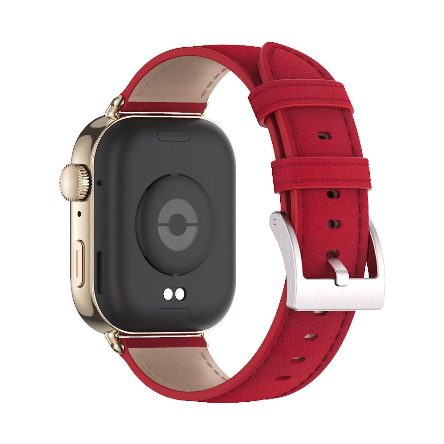 Eine Smartwatch mit rotem Lederarmband, die die Rückseite der Uhr zeigt.
