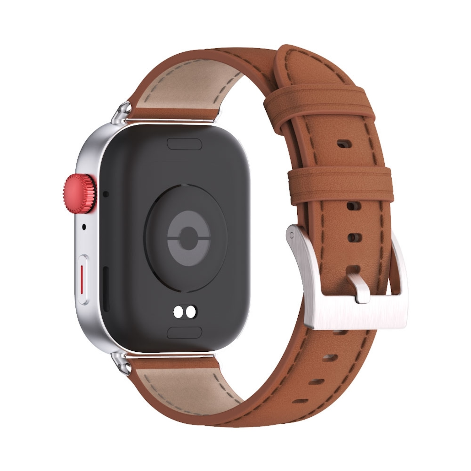 Eine Smartwatch mit braunem Lederarmband und silbernem Gehäuse, rotem Knopf. Die Rückseite ist schwarz.