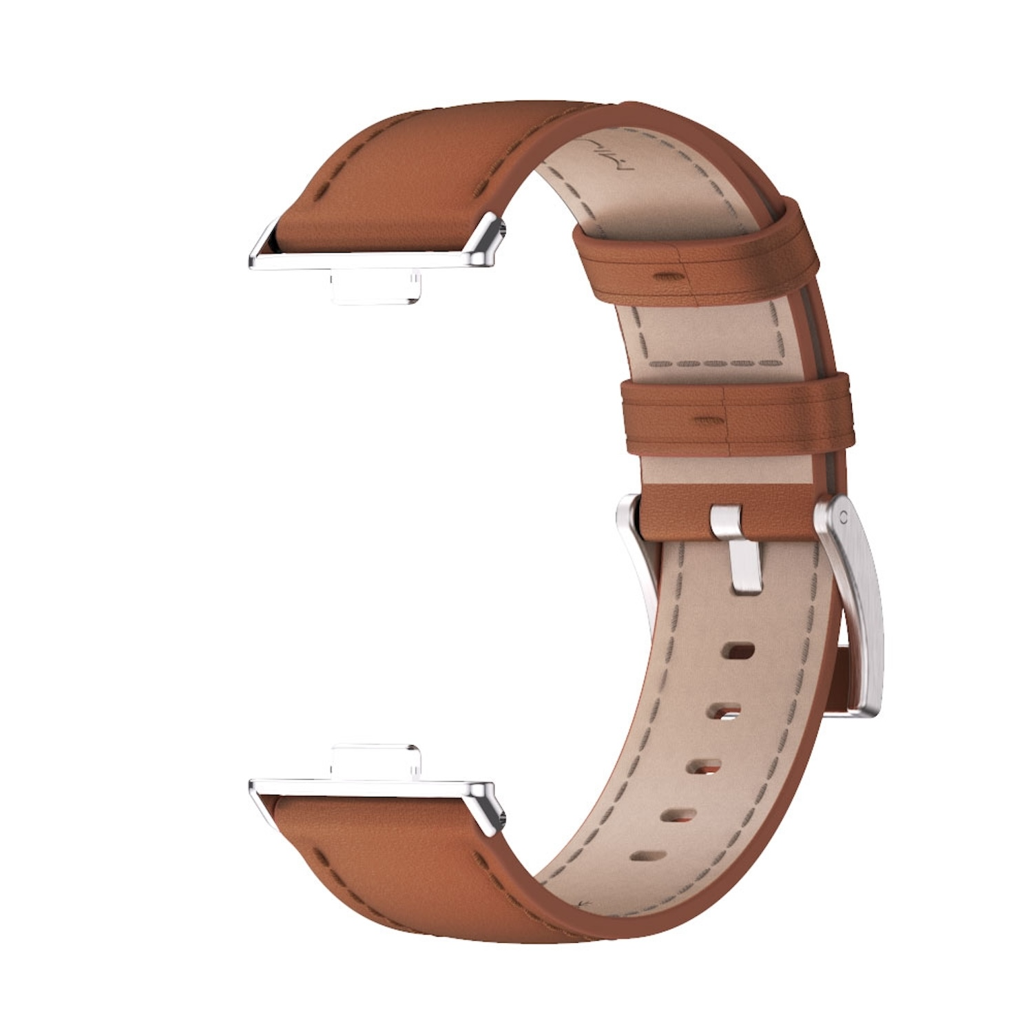 Braunes Lederarmband mit silberner Schnalle, Ober- und Unterseite des Bandes sichtbar.