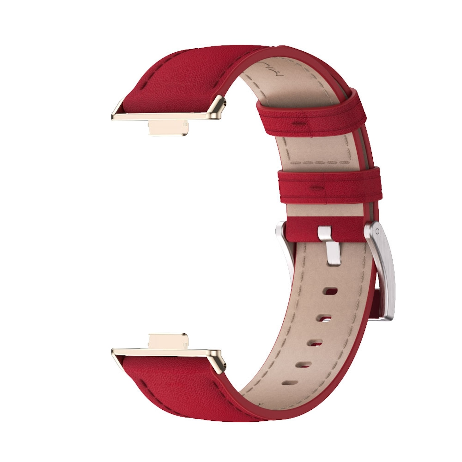 Rotes Uhrenarmband mit goldfarbenen Anschlüssen und einer silbernen Schnalle.