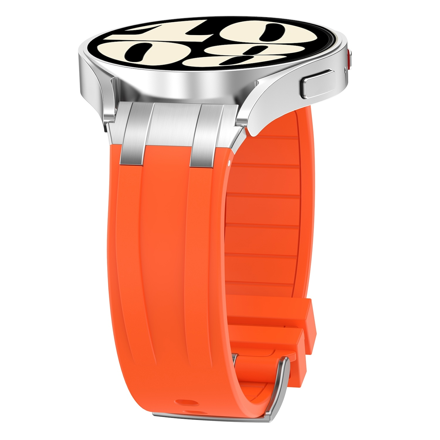 Uno smartwatch argento e arancione con un cinturino arancione.