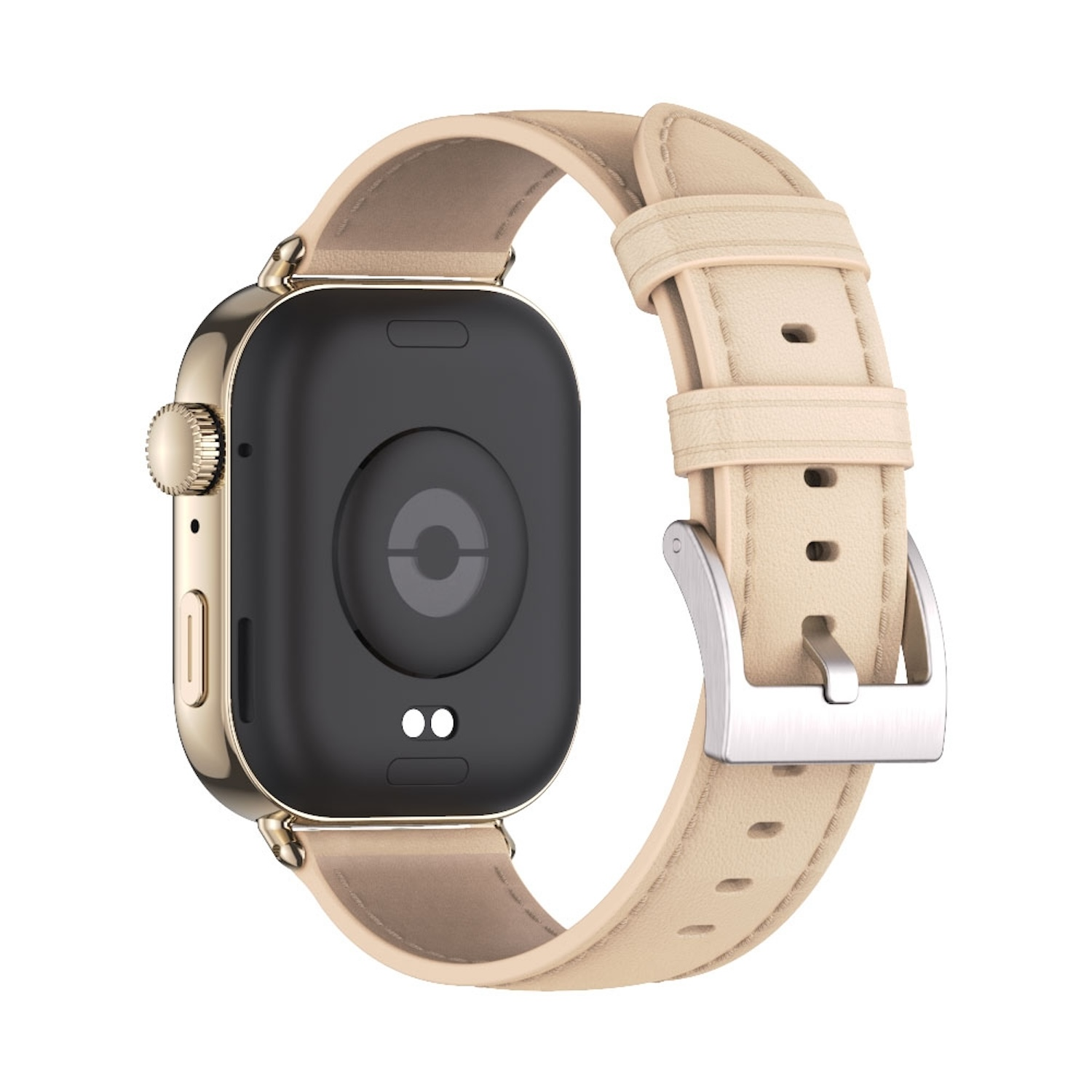 Goldene Smartwatch mit cremefarbenem Armband, Rückansicht mit Sensoren.