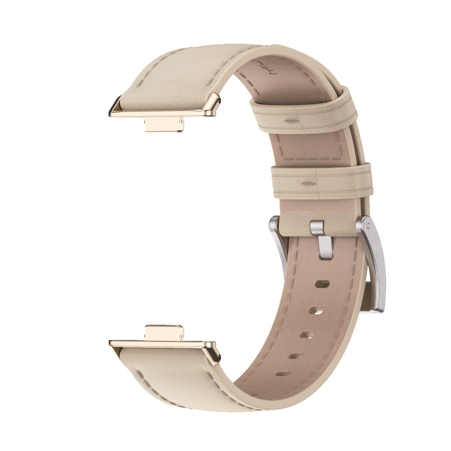 Ein beiges Lederarmband mit goldfarbenen Metallverbindern und einer Schnalle.