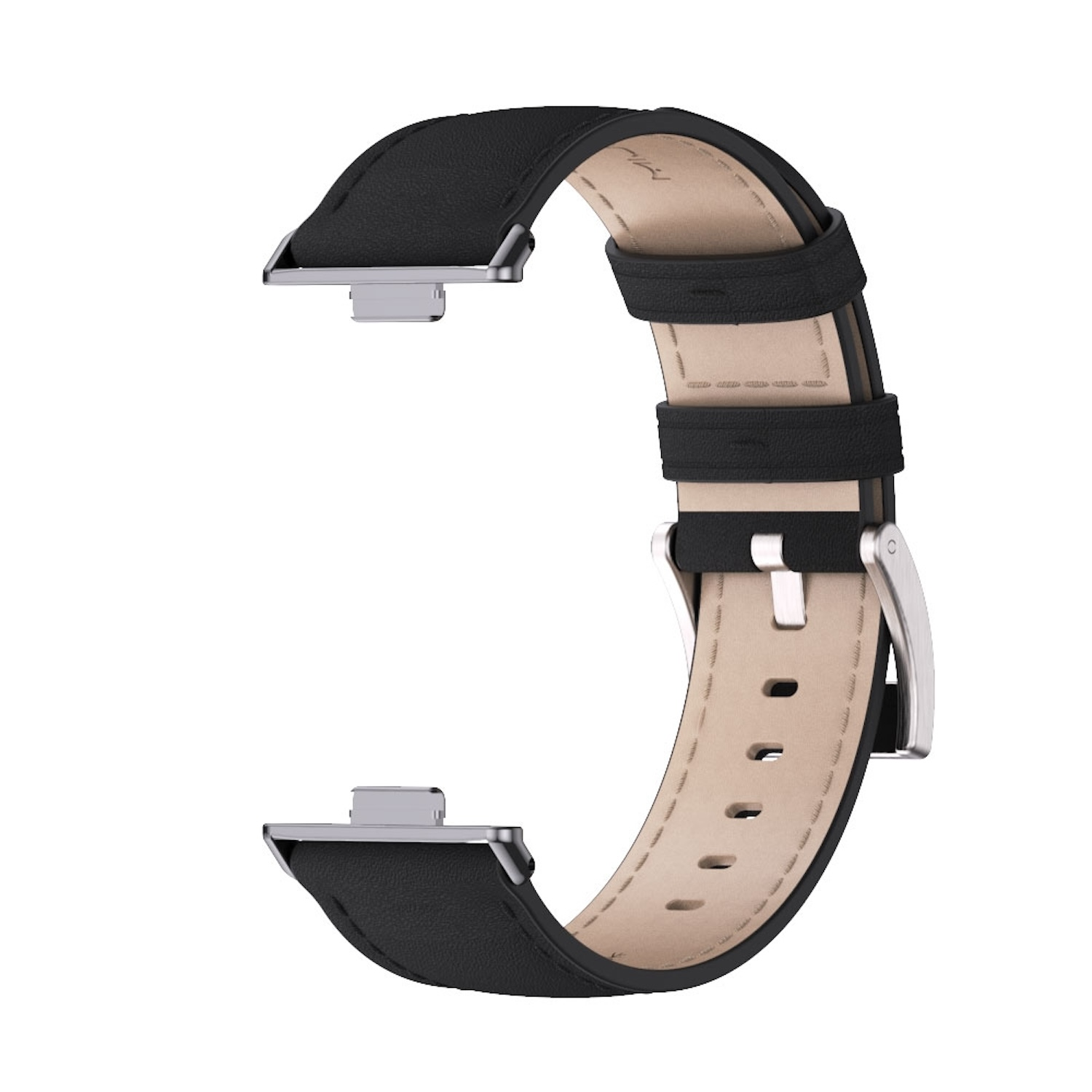 Ein schwarzes Leder-Uhrenarmband mit silbernen Metallverbindern und -schließe. Die Innenseite ist hellbraun.