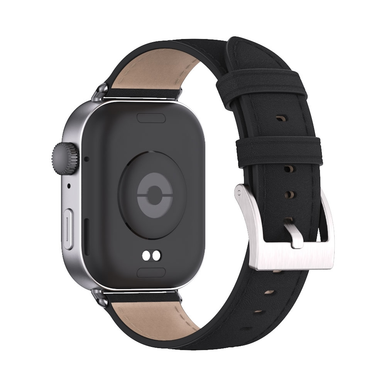 Silberne Smartwatch mit schwarzem Armband und schwarzer Rückseite, Rückseite der Uhr.