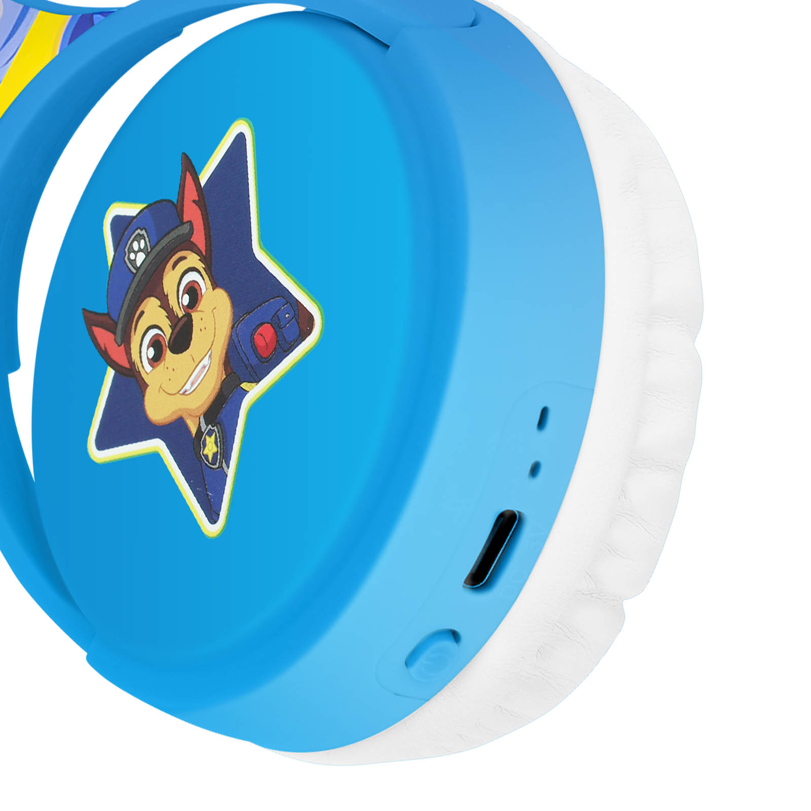 Niebieskie słuchawki z postacią z Psiego Patrolu i białymi nausznikami. Widok z boku.