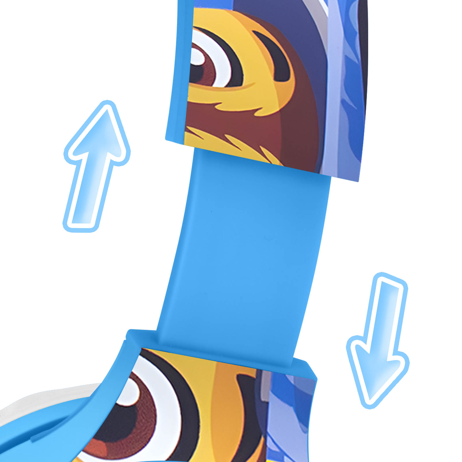 Zbliżenie niebieskich słuchawek dla dzieci z kolorowym wzorem i strzałkami wskazującymi regulację.