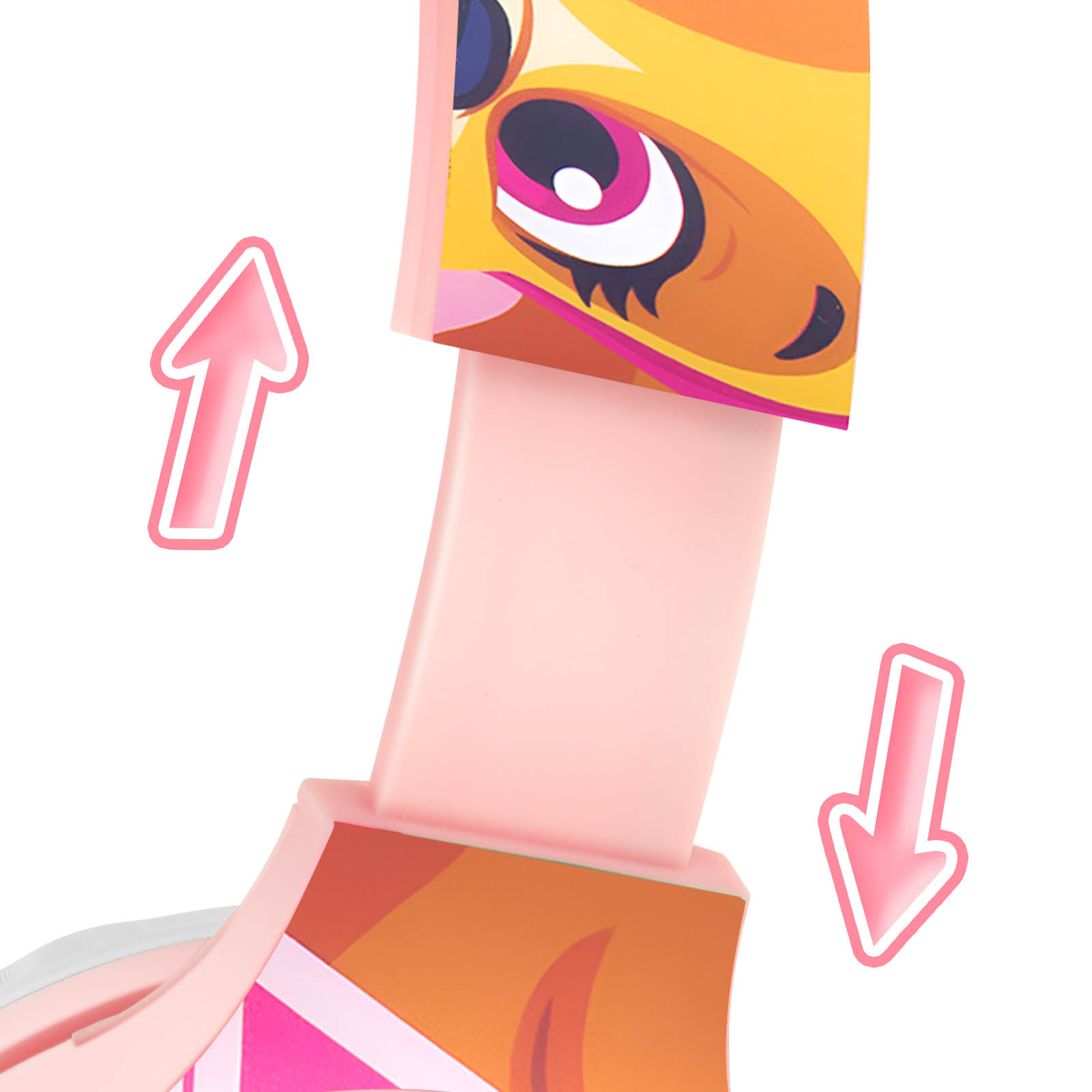 Słuchawki z motywem żyrafy, różowe strzałki wskazują kierunek regulacji.