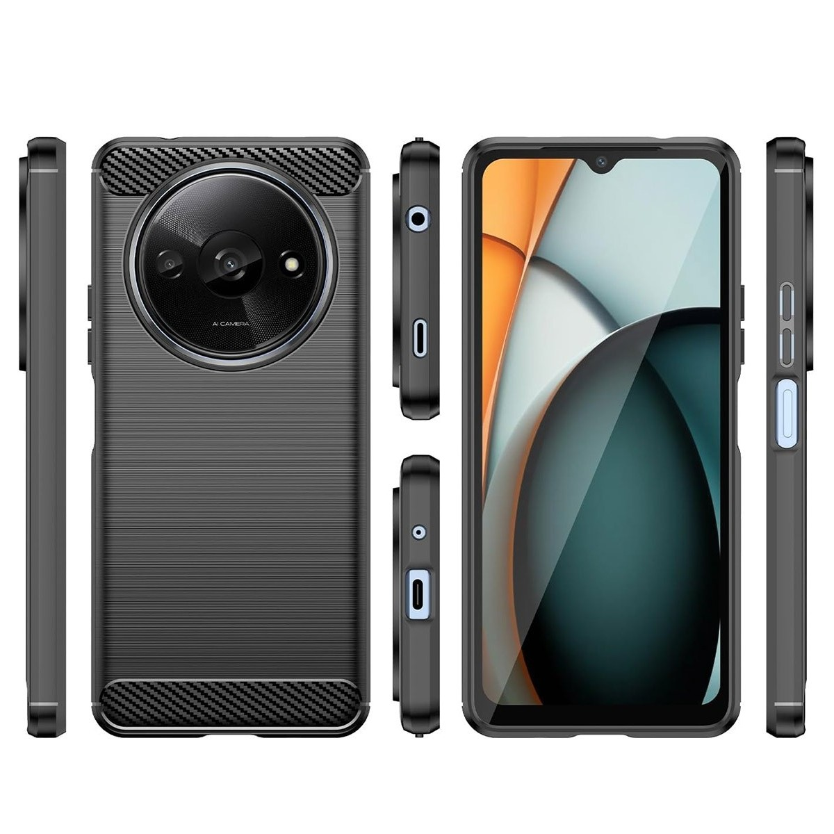 Multiple viste di una custodia per telefono nera con retro strutturato e ritaglio per la fotocamera.
