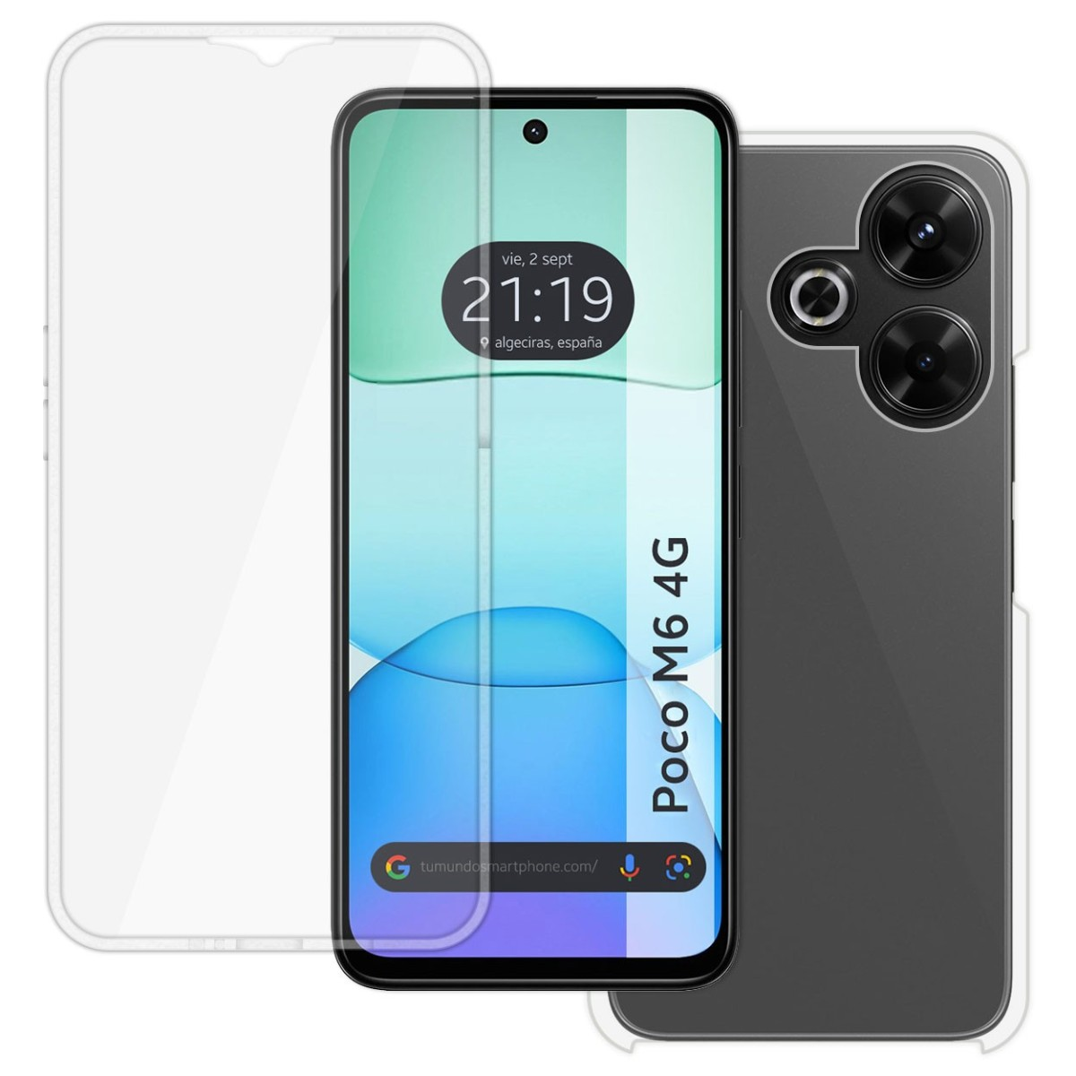 Smartphone con protezione schermo e custodia. Mostra ora, data e posizione.