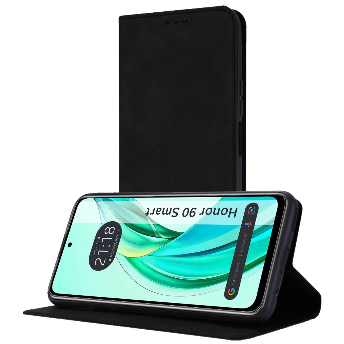 Un telefono Honor nero in una custodia nera, con uno schermo che mostra l'ora e la data.