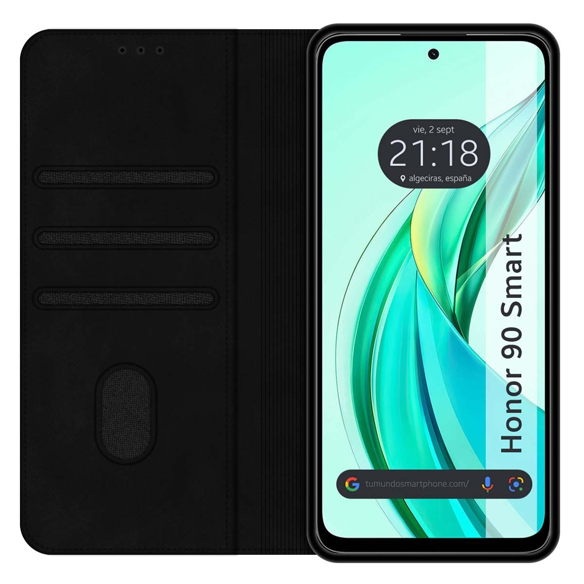 Telefono Honor 90 Smart nero, aperto, mostra schermo con ora e data, e custodia nera.