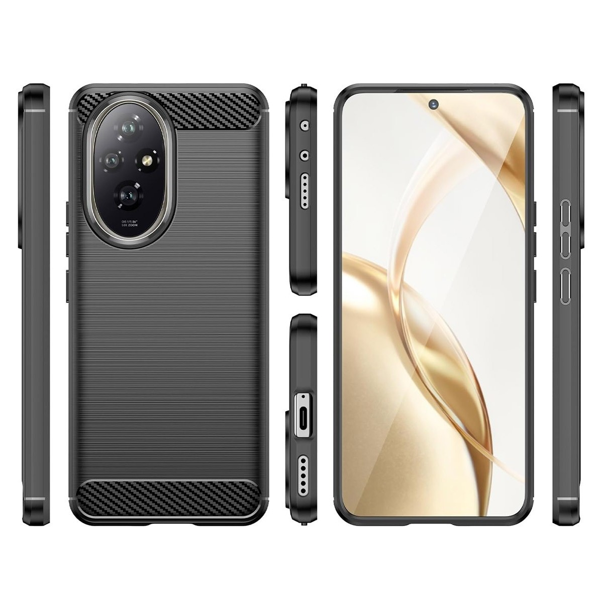 Custodia per telefono nera con design strutturato, con fori per fotocamera e pulsanti laterali.