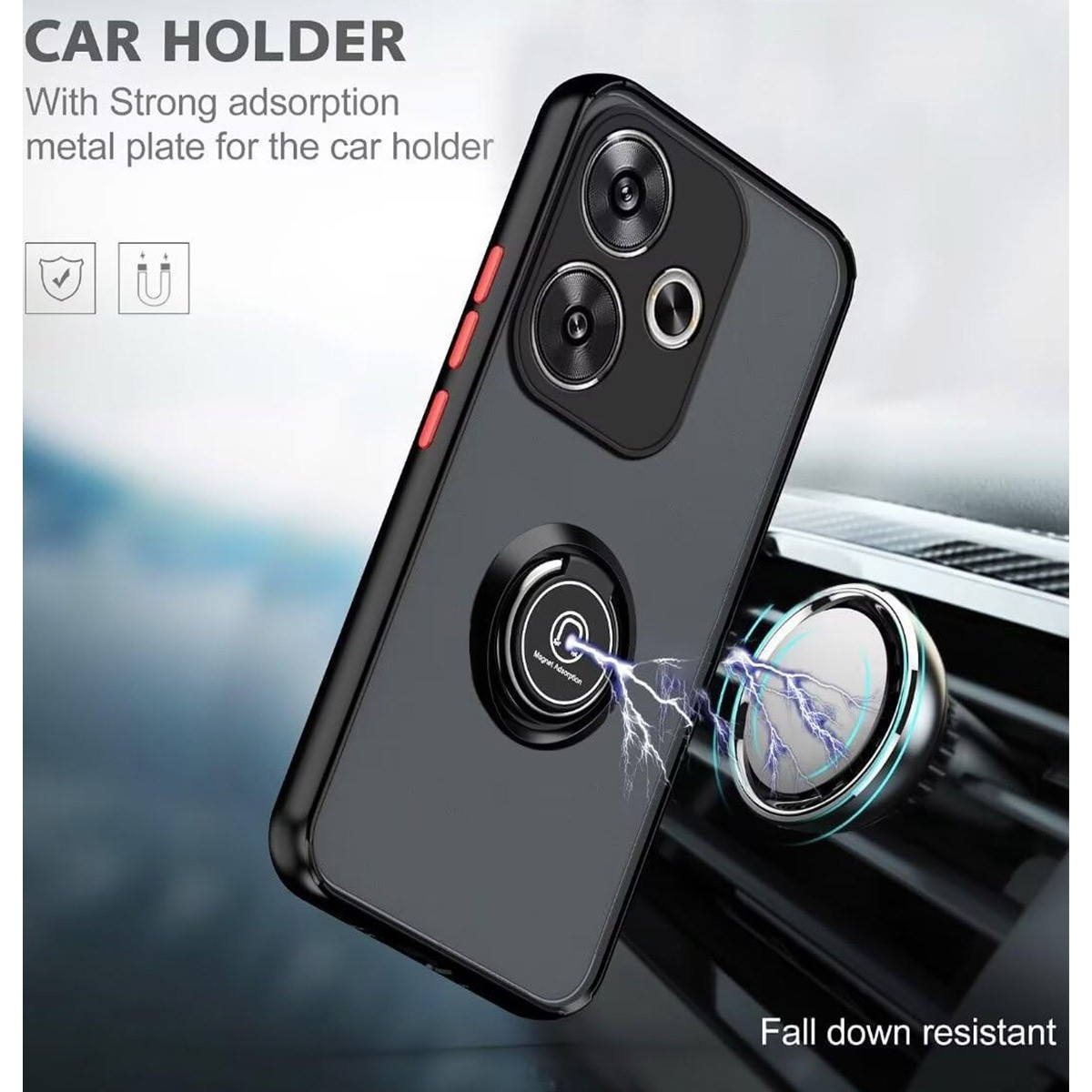 Supporto per auto con custodia per telefono, con magnete e simbolo del fulmine.