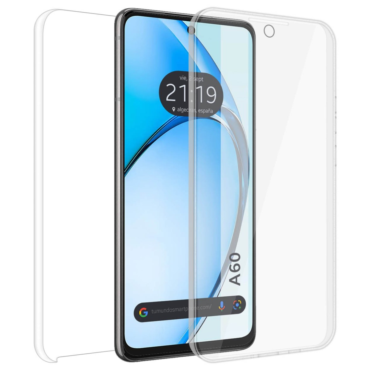 Smartphone con protezione schermo, che mostra uno schermo con orologio e collegamento web.