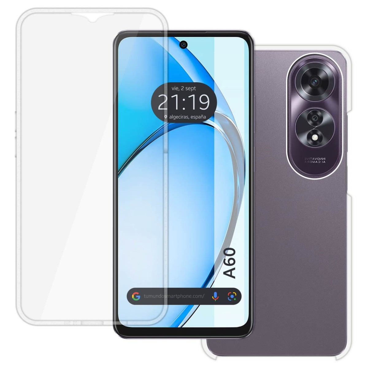 Un telefono con protezione schermo e un altro a destra con fotocamera.