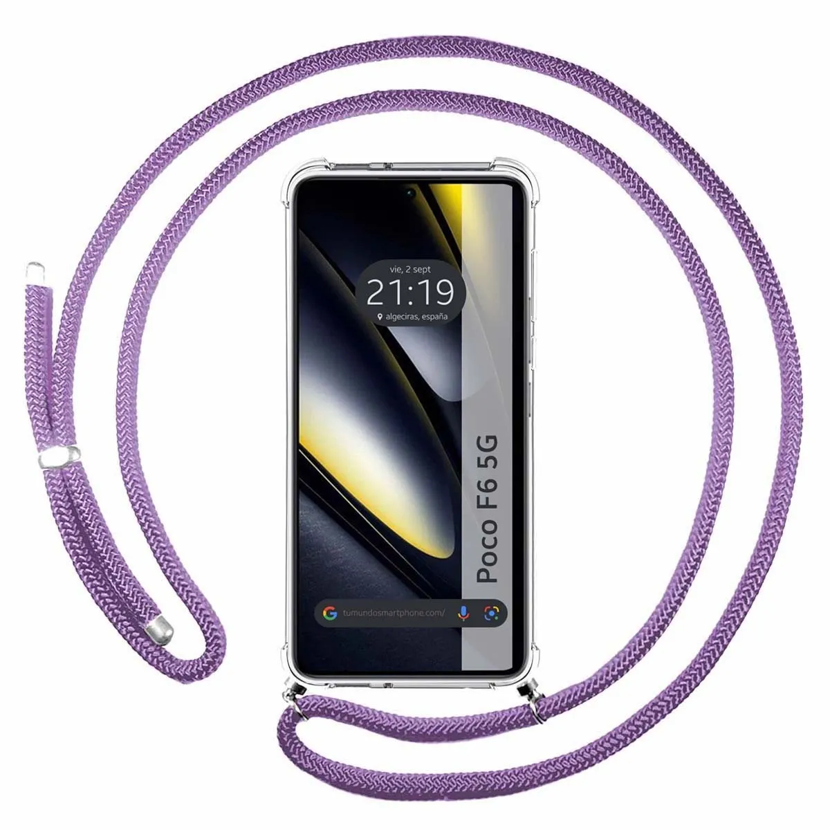 Smartphone con un cordino viola, mostrato su sfondo bianco.