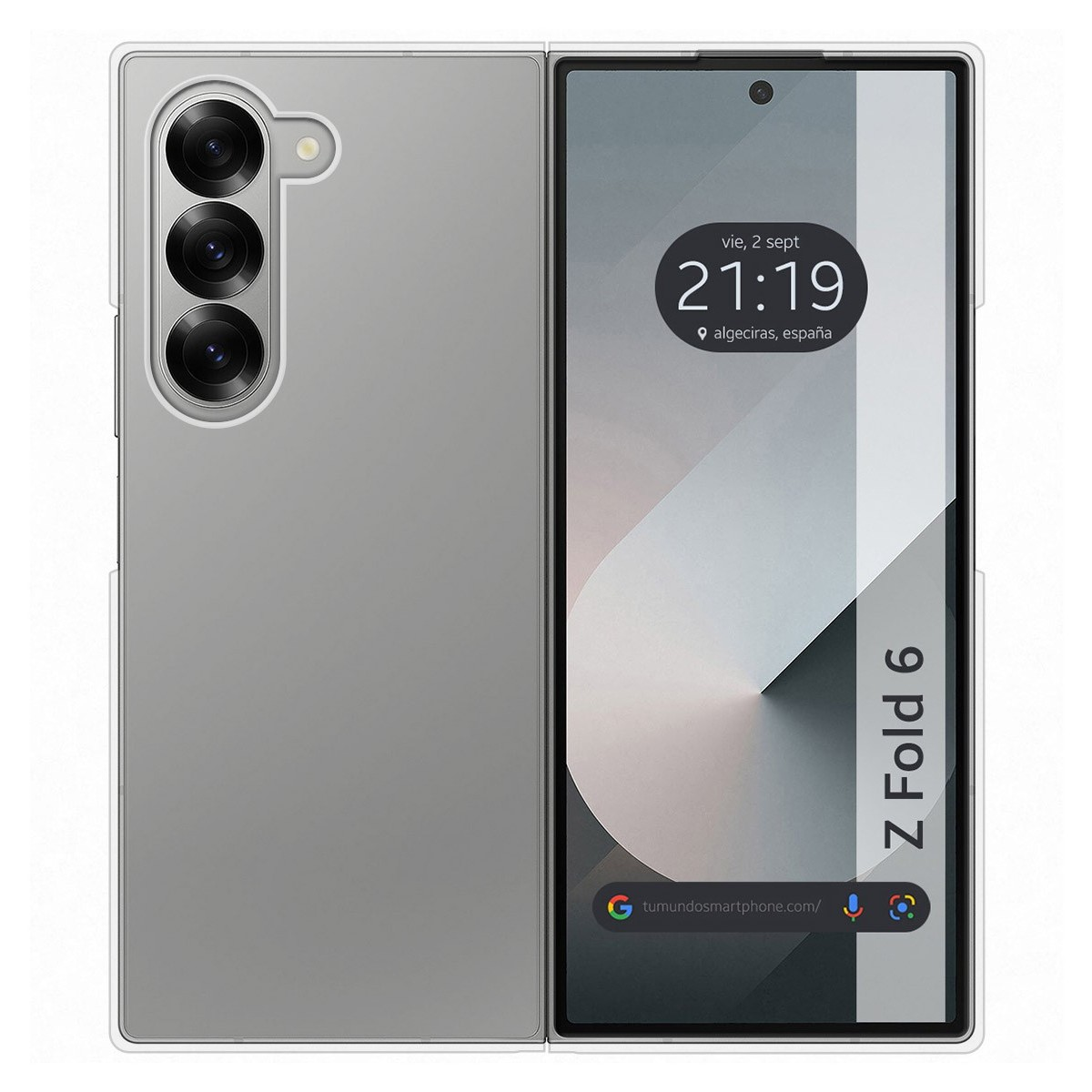 Un teléfono plegable abierto mostrando la pantalla con información de hora y fecha.